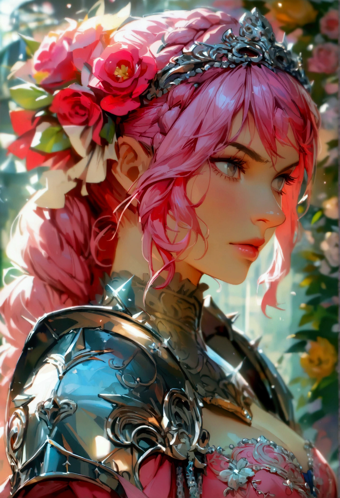 Woman, serious, warrior, armour, elegant, pink dress, aristocratic, silver elements, long nails, bare shoulders, hairstyle, hair up, braid and ponytail, messy, arrogant, absurd, detailed dress, royalty, celebration, hall decorated with flowers, cowboy shot, portrait, (best quality), (masterpiece), (highly detailed), (4k)