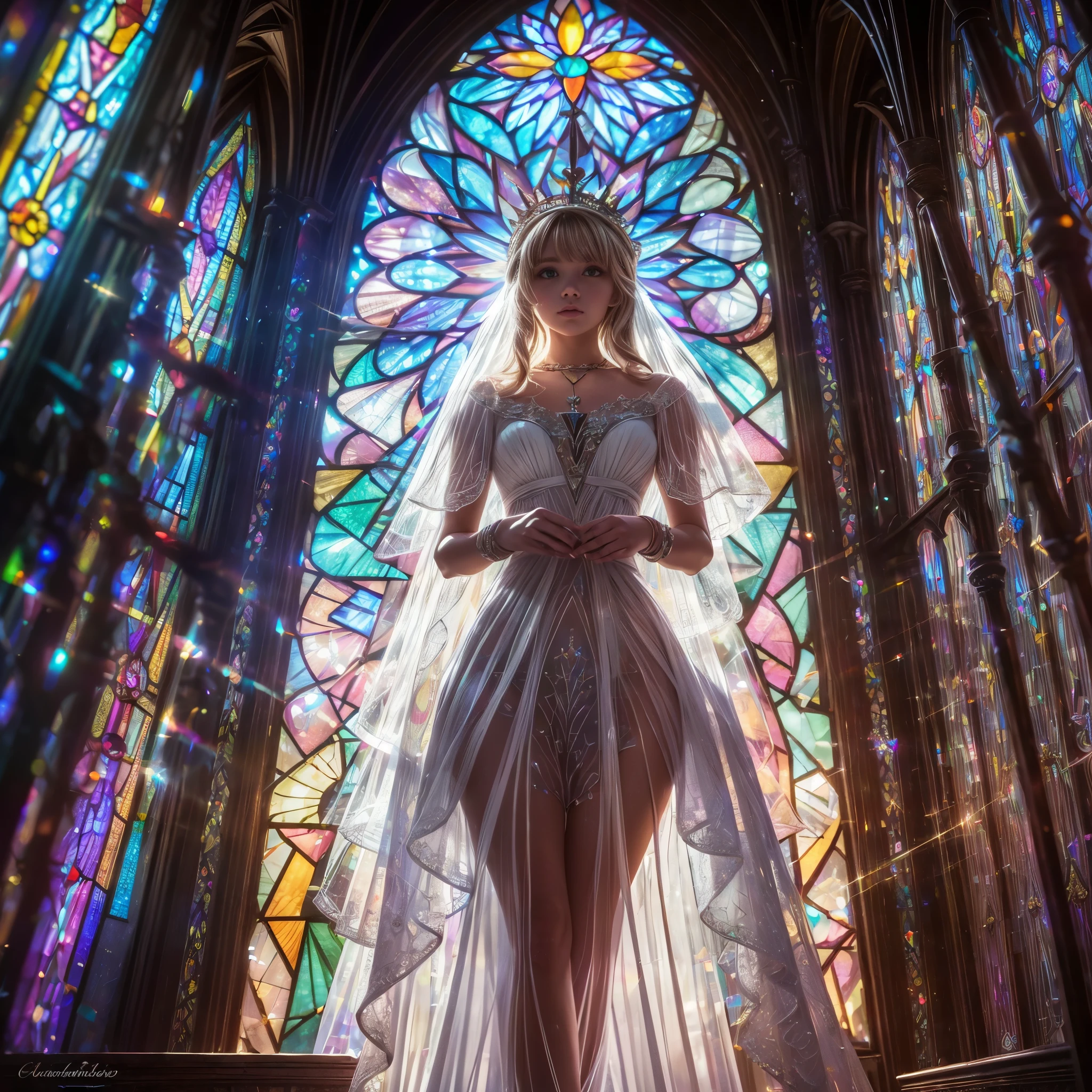  (Cathedral from below:1.28) (ZoomLayer) TopQuality 8K masterpiece of ((Professional photo)), (((Clarisse de Cagliostro))) (Detailed White WeddingDresses), Chain, (((Extremely detailed KAWAII face))) {((VeiledFace))|BlondeHair|(Elaborate BuleEyes)with(SparklingHighlights:1.28)}, The background is distant (((Elaborate stained glass))) Rainbow Glass, {(MysticSight)|EnchantingAtmosphere|Haze|(GodRays)|TyndallEffect}, Radiant PearlSkin with Transparency, (Exposed:0.39)