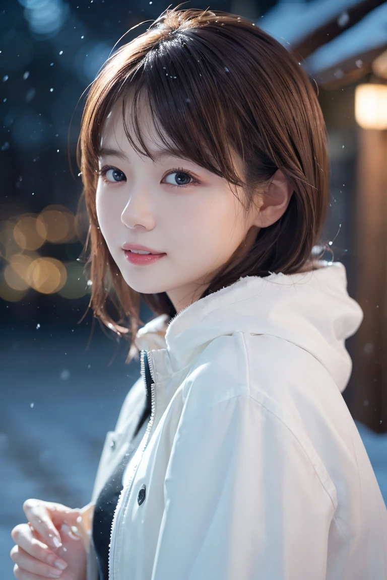 1 girl, (Wear a platinum coat:1.2), (RAW Photos, highest qualthaty), (Realistic, Realistic:1.4), Tabletop, Very delicate and beautiful, Very detailed, 2k wallpaper, wonderful, finely, Very detailed CG Unthaty 8K 壁紙, Very detailed, High resolution, Soft Light, Beautiful detailed girl, Very detailed目と顔, Beautiful and sophisticated nose, finelyて美しい目, Cinema Lighting, Illuminations that light up the cthaty on a snowy night, Snow Scene, that'that'it's snowing, Snow fell in my hair, Perfect Anatomy, Slender body, Was nervous, Straight semi-long hair, bangs, Looking at the audience, smile