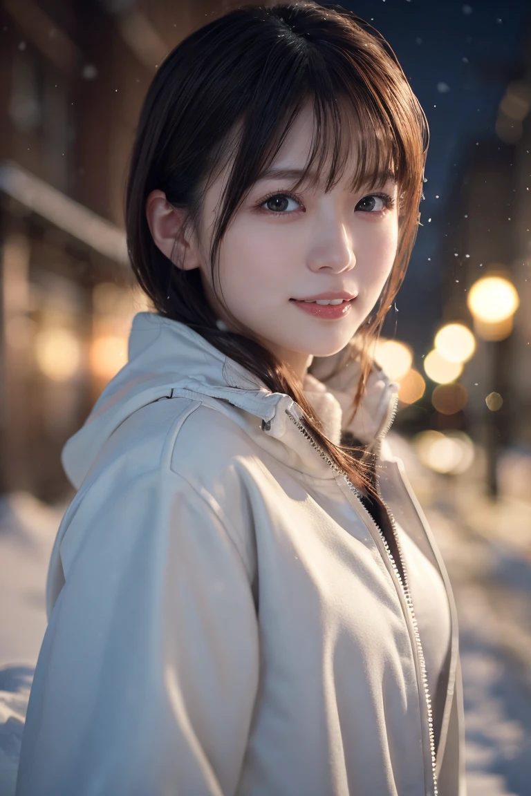 1 girl, (Wear a platinum coat:1.2), (RAW Photos, highest qualthaty), (Realistic, Realistic:1.4), Tabletop, Very delicate and beautiful, Very detailed, 2k wallpaper, wonderful, finely, Very detailed CG Unthaty 8K 壁紙, Very detailed, High resolution, Soft Light, Beautiful detailed girl, Very detailed目と顔, Beautiful and sophisticated nose, finelyて美しい目, Cinema Lighting, Illuminations that light up the cthaty on a snowy night, Snow Scene, that&#39;that&#39;it&#39;s snowing, Snow fell in my hair, Perfect Anatomy, Slender body, Was nervous, Straight semi-long hair, bangs, Looking at the audience, smile
