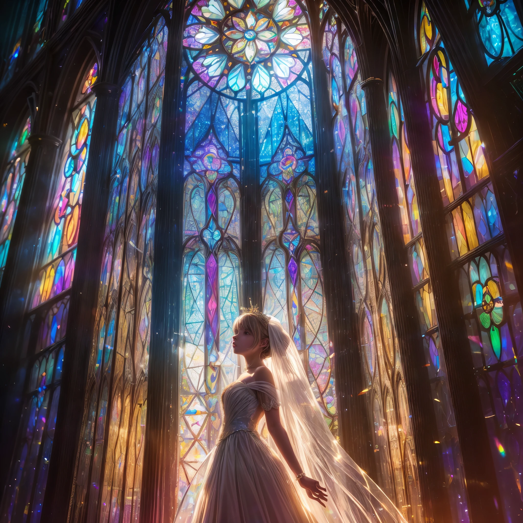  (Cathedral from below:1.28) (ZoomLayer) TopQuality 8K masterpiece of ((Professional photo)), (((Clarisse de Cagliostro))) (Detailed White WeddingDresses), Chain, (((Extremely detailed KAWAII face))) {((VeiledFace))|BlondeHair|(Elaborate BuleEyes)with(SparklingHighlights:1.28)}, The background is distant (((Elaborate stained glass))) Rainbow Glass, {(MysticSight)|EnchantingAtmosphere|Haze|(GodRays)|TyndallEffect}, Radiant PearlSkin with Transparency, (Exposed:0.39)