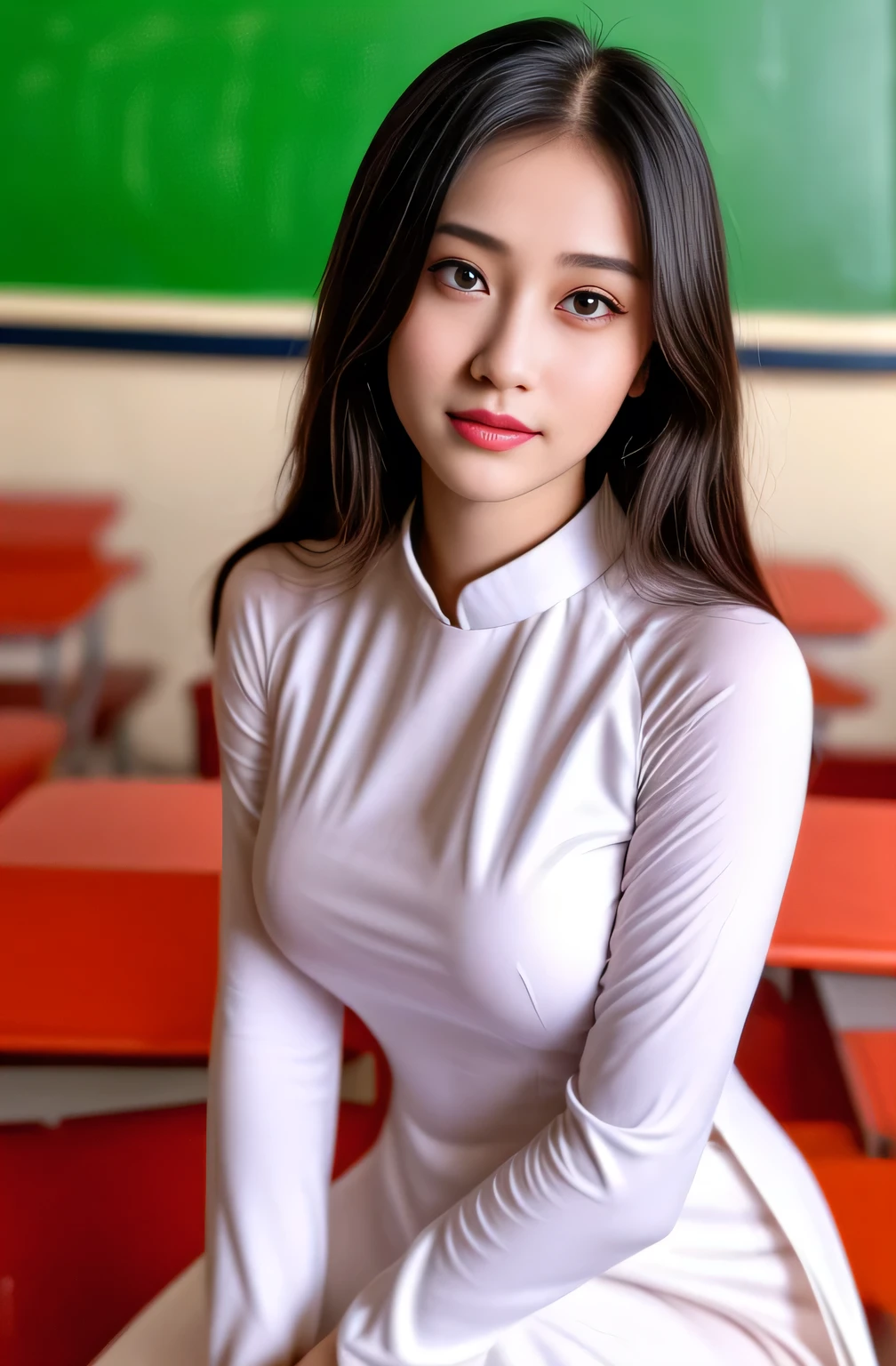 1girl, , white traditional , 18 year old girl, classroom, sitting at desk, looking at camera, beautiful detailed eyes, beautiful detailed lips, extremely detailed face and eyes, long eyelashes, school desk, chalkboard, books, (best quality,8k,highres,masterpiece:1.2),ultra-detailed,(realistic,photorealistic,photo-realistic:1.37),hyper detailed,sharp focus,professional lighting,vibrant colors,elegant