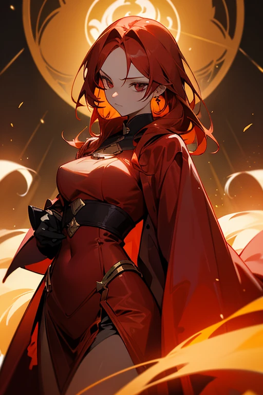 Woman with golden red hair, Solemn, Look straight ahead, The hair exudes a golden red glow, There is a faint mysterious light in the eyes, Revealing great maturity and stability, She was wearing a crimson dress, The gaze is cold, As if it could penetrate everything, Waist and waist, Double tail, Second dimension style