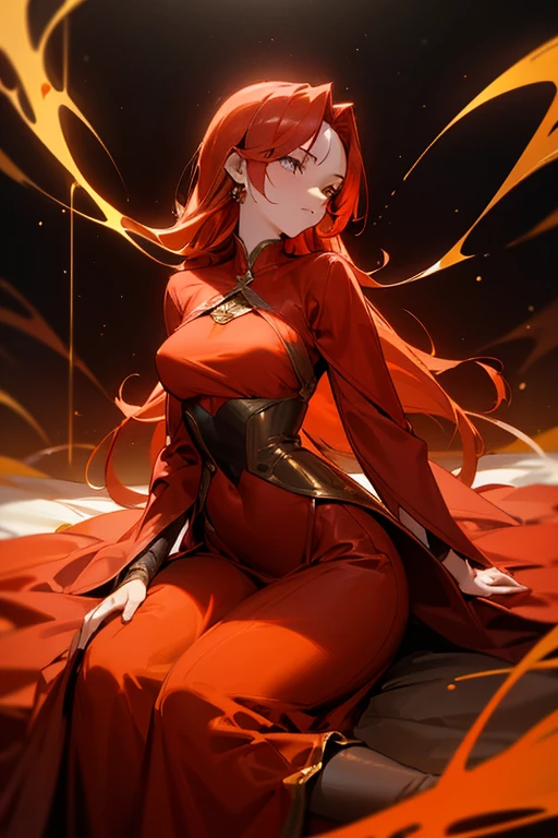 Woman with golden red hair, Solemn, Look straight ahead, The hair exudes a golden red glow, There is a faint mysterious light in the eyes, Revealing great maturity and stability, She was wearing a crimson dress, The gaze is cold, As if it could penetrate everything, Waist and waist, Double tail, Second dimension style