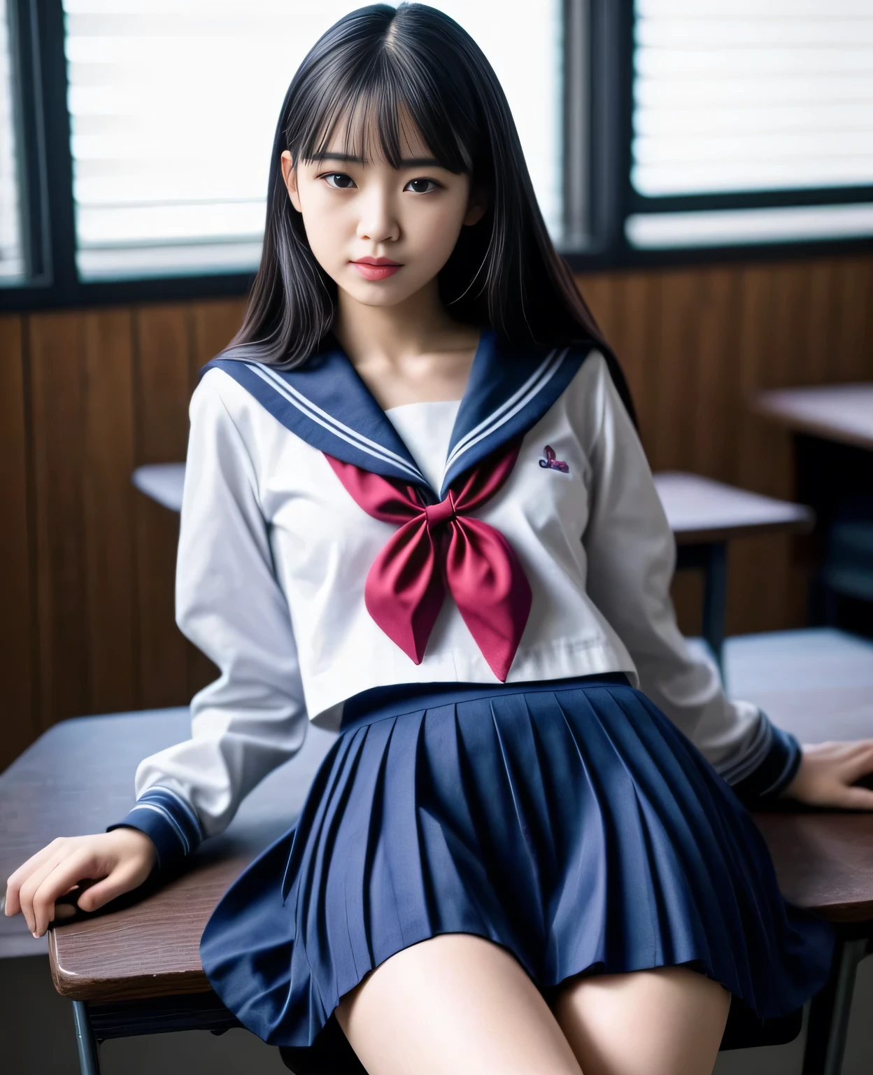 1girl, 18yo girl, sailor uniform, lying on school desk, skirt up, beautiful detailed eyes, beautiful detailed lips, extremely detailed face, long eyelashes, photo-realistic, 8k, highres, masterpiece, official art, cinematic lighting, dramatic, soft lighting, glowing skin, volumetric lighting, vibrant colors, hyper detailed