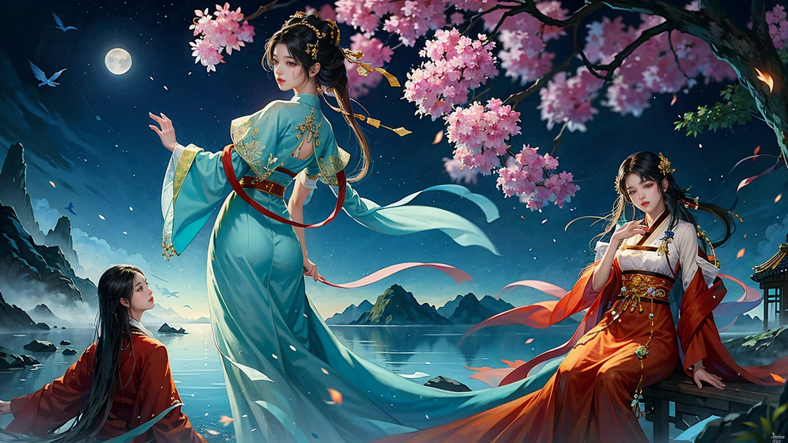 Official Art, Unity 8K wallpaper, Extremely detailed, beautiful and aesthetic, masterpiece, best quality, For the world,You may be alone,But for someone,You could be the whole world, paradox, Adrian Genius, Jenny Savile, Edward Hope, Surrealism, The Dark Arts of James Jean, Takato Yamamoto, 墨water朋克极简主义, fashion magazine, Editorial Photography, gufeng, moon, Tree, Solitary, water, flower, Branches, night, Black Hair, Back to, shawl, full moon, (1 Korean girl,Sexy facial features,Sexy fingers), in Tree, Long hair, Sky, sit, Chinese clothes, Hanfu, crescent moon, permanent, outdoor,手上有一个water晶球