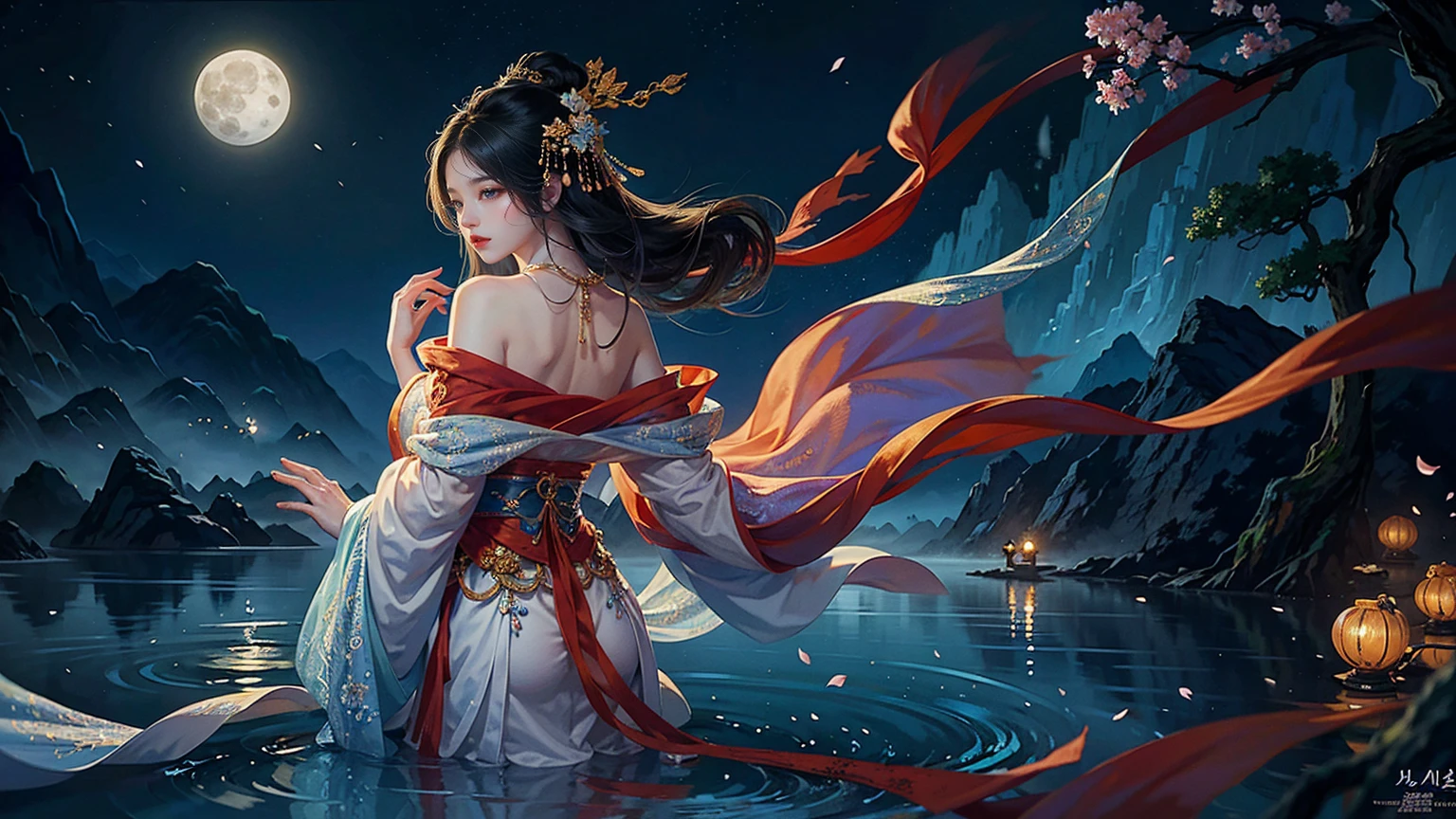 Official Art, Unity 8K wallpaper, Extremely detailed, beautiful and aesthetic, masterpiece, best quality, For the world,You may be alone,But for someone,You could be the whole world, paradox, Adrian Genius, Jenny Savile, Edward Hope, Surrealism, The Dark Arts of James Jean, Takato Yamamoto, 墨water朋克极简主义, fashion magazine, Editorial Photography, gufeng, moon, Tree, Solitary, water, flower, Branches, night, Black Hair, Back to, shawl, full moon, (1 Korean girl,Sexy facial features,Sexy fingers), in Tree, Long hair, Sky, sit, Chinese clothes, Hanfu, crescent moon, permanent, outdoor,手上有一个water晶球