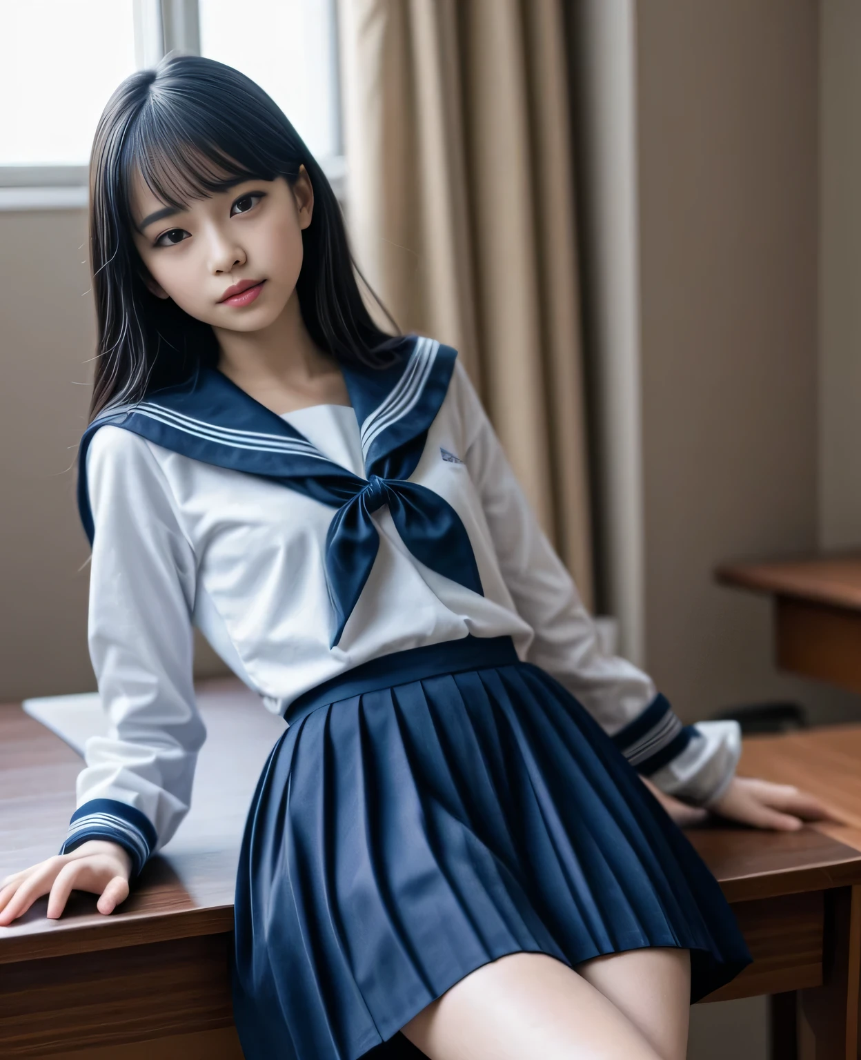 1girl, 18yo girl, sailor uniform, lying on school desk, skirt up, beautiful detailed eyes, beautiful detailed lips, extremely detailed face, long eyelashes, photo-realistic, 8k, highres, masterpiece, official art, cinematic lighting, dramatic, soft lighting, glowing skin, volumetric lighting, vibrant colors, hyper detailed