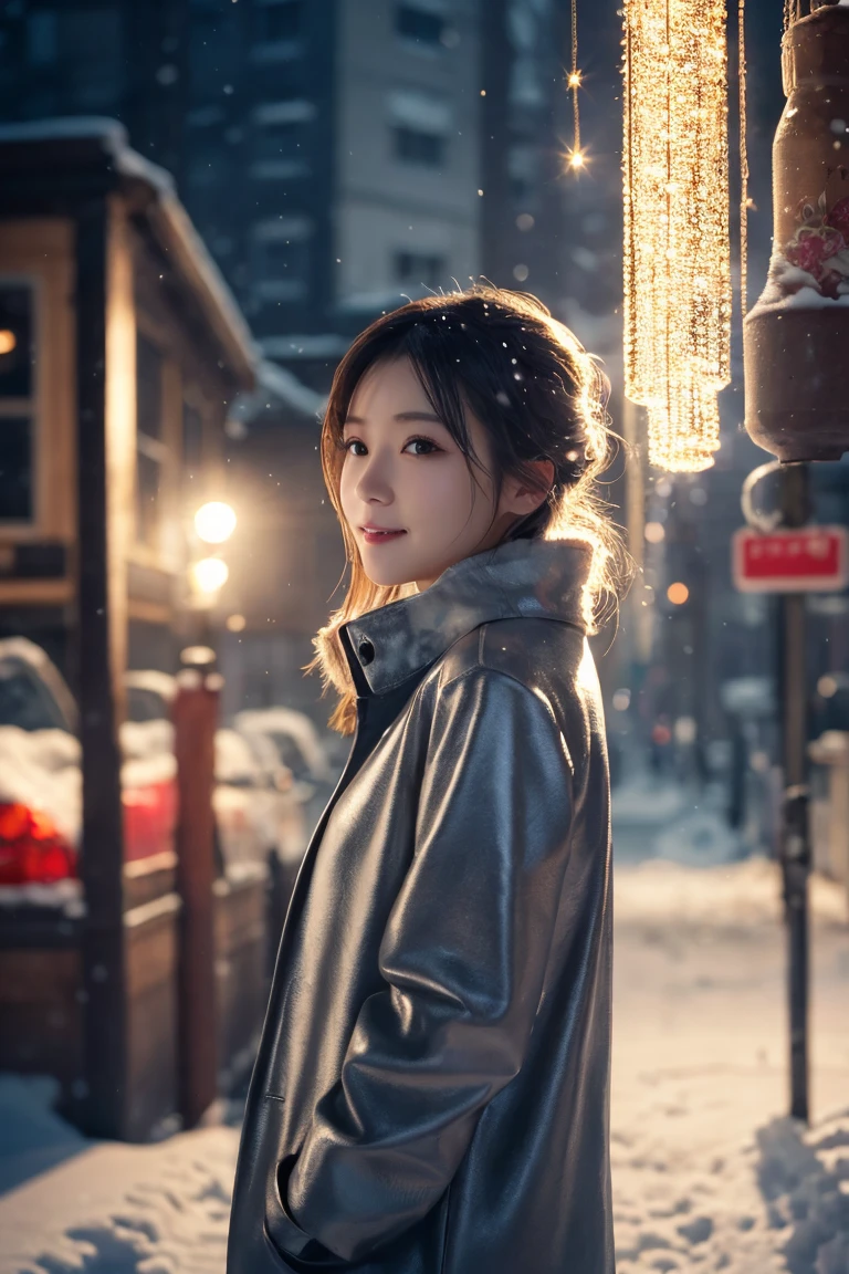 1 girl, (Wear a platinum coat:1.2), (RAW Photos, highest qualthaty), (Realistic, Realistic:1.4), Tabletop, Very delicate and beautiful, Very detailed, 2k wallpaper, wonderful, finely, Very detailed CG Unthaty 8K 壁紙, Very detailed, High resolution, Soft Light, Beautiful detailed girl, Very detailed目と顔, Beautiful and sophisticated nose, finelyて美しい目, Cinema Lighting, Illuminations that light up the cthaty on a snowy night, Snow Scene, that'that'it's snowing, Snow fell in my hair, Perfect Anatomy, Slender body, Was nervous, Straight semi-long hair, bangs, Looking at the audience, smile