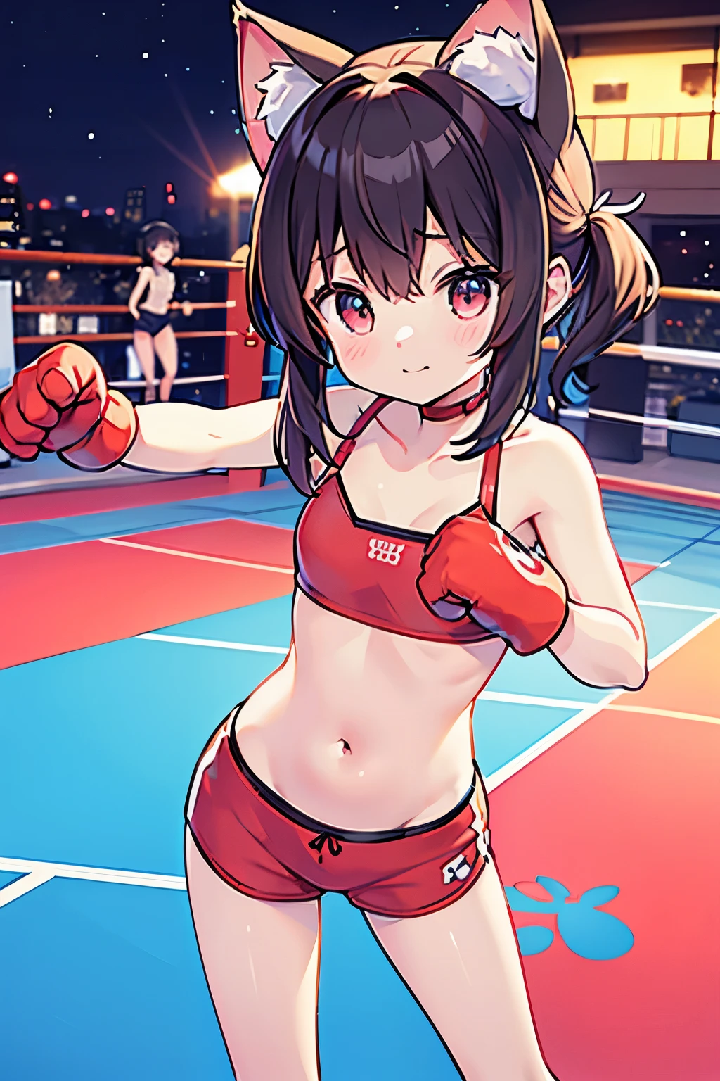 boxing、Teenage Girls、Young、(child:1.1)、belly button、cute、Shorts、boxingグローブ、Cat ear、Cat's tail