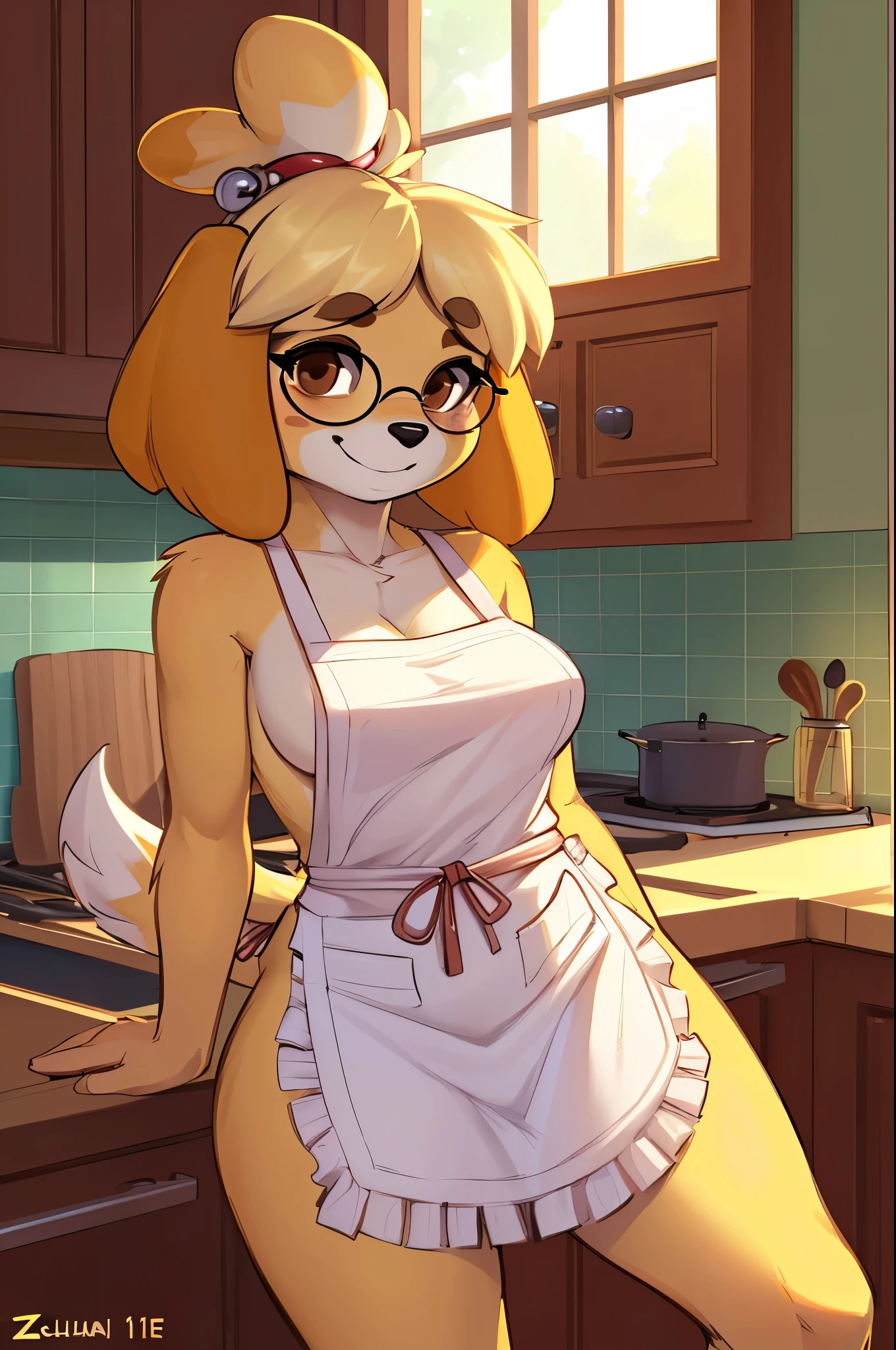 Detailed, ultra detailed, detailed eyes, ultra detailed eyes, masterpiece, (Isabelle, furry, female:1.5), (solo:1.5), (brown eyes, round glasses, wide smile, light blush:1.5), (medium breasts, skinny:1.5), (cute pose:1.5), (naked skimpy apron:1.5), background, detailed background, (kitchen, sunlight:1.5), (by zaush:1.5), by meesh, by jrjresq, by minus8, by zackary911, by pudgeruffian, (by chunie:1.05), by canaryprimary