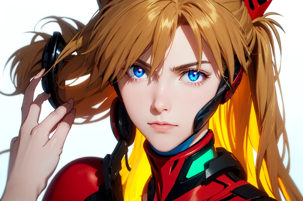 Realistic wide-angle photos,Dynamic Angle,Extremely detailed, medium distance, 1 girl, ((Muneru Asuka Langley, Interface Headphones, Red leggings:1.4, Blonde)),Her eyes shone like Dreamy stars,(Glowing eyes:1.233),(Beautiful and delicate eyes:1.1),(poker face,Residence),(Everlasting), , Watching_exist_Viewer, White_background,Dreamy, [[Slender fingers and hands:0.55]::0.85],(Detail fingers)