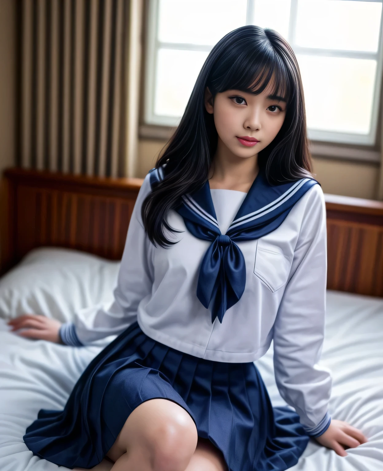 1girl, 18yo girl, sailor uniform, lying on bed, biggest breasts size, skirt up, beautiful detailed eyes, beautiful detailed lips, extremely detailed face, long eyelashes, photo-realistic, 8k, highres, masterpiece, official art, cinematic lighting, dramatic, soft lighting, glowing skin, volumetric lighting, vibrant colors, hyper detailed