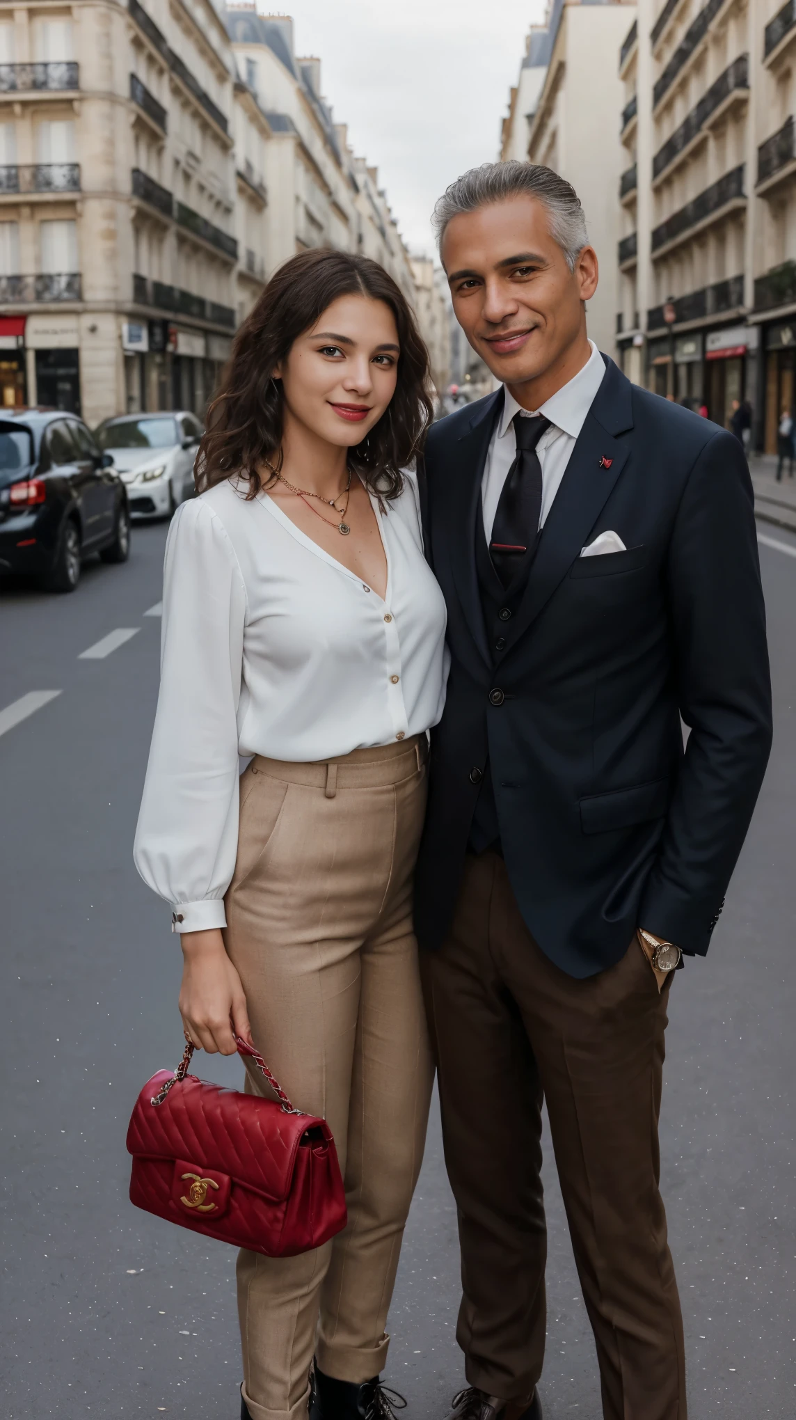 Front view, Full-body, couple is standing pose , on street , in Paris, looking Eiffel Tower, 2020 years ,(1 male and 1 female is existence), (1 male American Black man, 1 boy is 50 age old), ( black hair, wavy perm, brave, handsome face, smile ), (American gentleman), ( blue suit style, Jacket suit , vest, necktie, pants, hand watch, (brown shoes)), 1man and 1 woman is couple, each other love, (A Parisian girl , 18 age, beautiful girl, Parisian girl, 18 years-old, height 175 cm), (light brown hair , blew eye, middle hair, smile ), (middle breasts, slender whist, middle hip), (White beautiful tuck-in-blouse :1.3), (Red mini skirt: 1.3), (Red enamel Chanel Boots), (small pearl neckless, lady's watch ), (a Chanel shoulder bag, leaser string), (super detail, high details, high quality, accurate, anatomically correct, textured skin, beautiful fingers super detail, high details, high quality, best quality),
