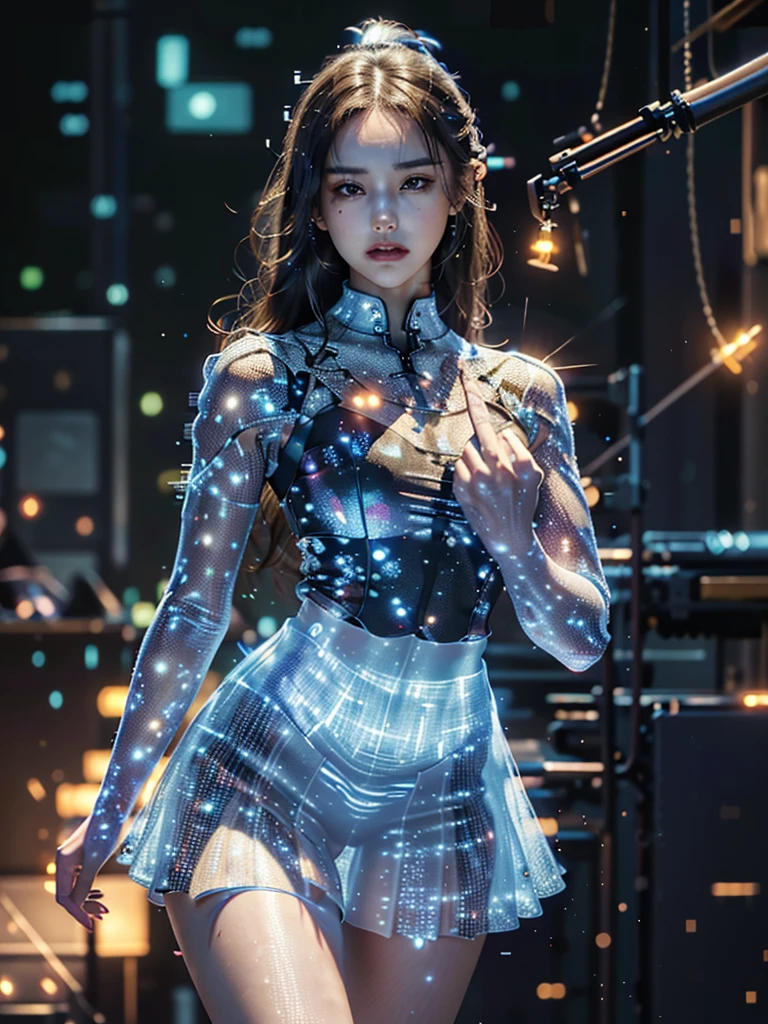 Ultra-Realistic Capture,18k,RAW Photos,Highest quality,masterpiece,reality,Very detailed,Live Action,Very beautiful woman,Detailed face,Glowing Skin,rainbow,Automata,cyber punk,18-year-old ,Model body type,slim,lots of leds,Clothes made of light particles,rainbowスキン,Implanted electronic devices,Very detailedな電子機器,Many connecting lines,Very long hair,Large Breasts,Acrobatic poses,((Middle finger:1.5)),neon,Looking down,Angry expression,