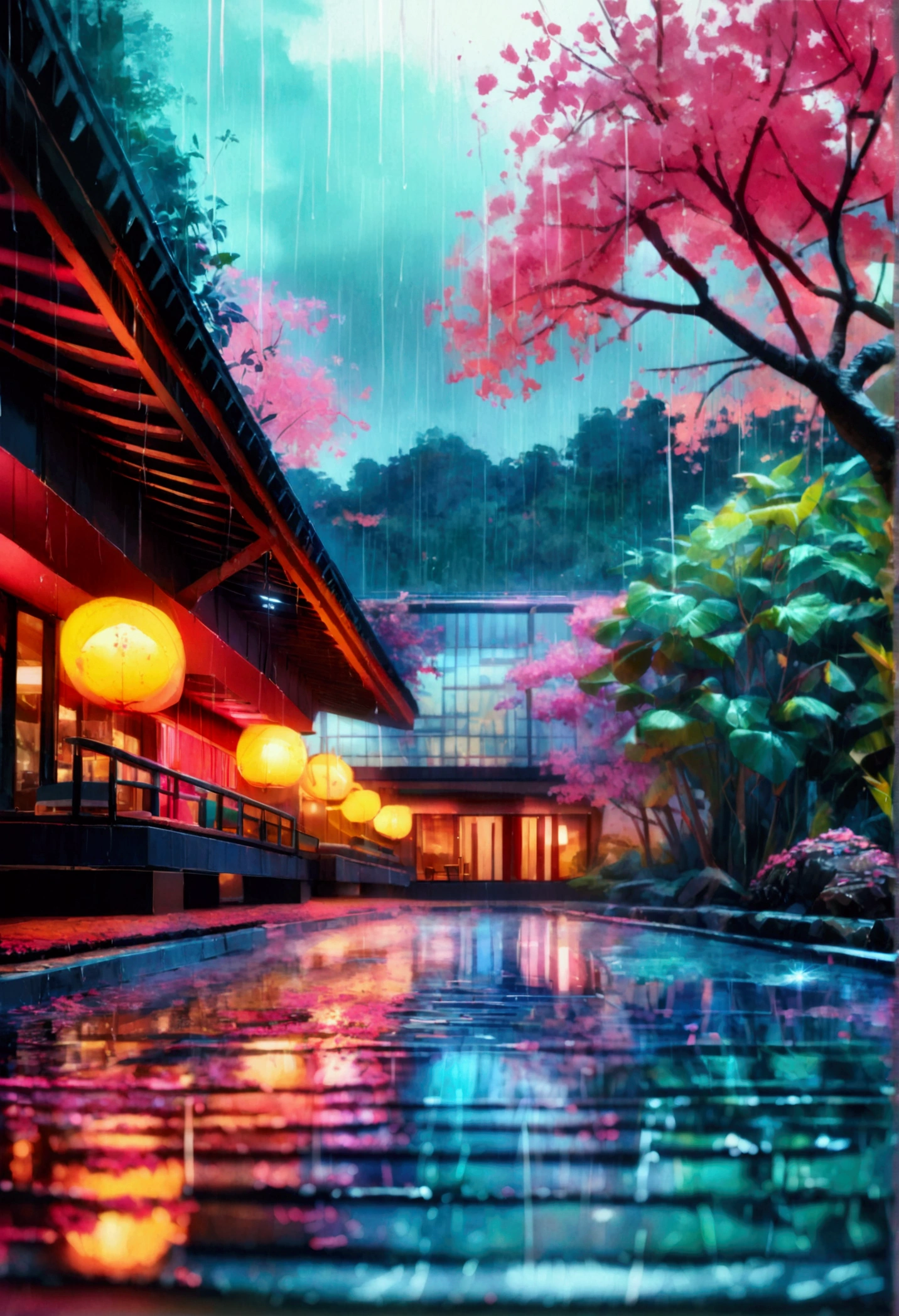 a beautiful modern japanese hotel, neon lights, rain, intricate details, highly detailed, photorealistic, 4k, 8k, realistic lighting, cinematic, award winning photography, stunning composition, dramatic shadows, moody atmosphere, vibrant colors, glowing neon signs, reflections on wet surfaces, long exposure, dramatic sky, dramatic lighting, architectural masterpiece, minimalist design, zen-like tranquility