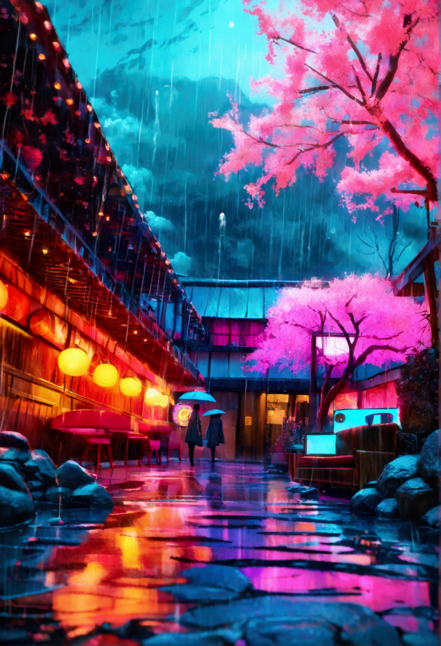 a beautiful modern japanese hotel, neon lights, rain, intricate details, highly detailed, photorealistic, 4k, 8k, realistic lighting, cinematic, award winning photography, stunning composition, dramatic shadows, moody atmosphere, vibrant colors, glowing neon signs, reflections on wet surfaces, long exposure, dramatic sky, dramatic lighting, architectural masterpiece, minimalist design, zen-like tranquility