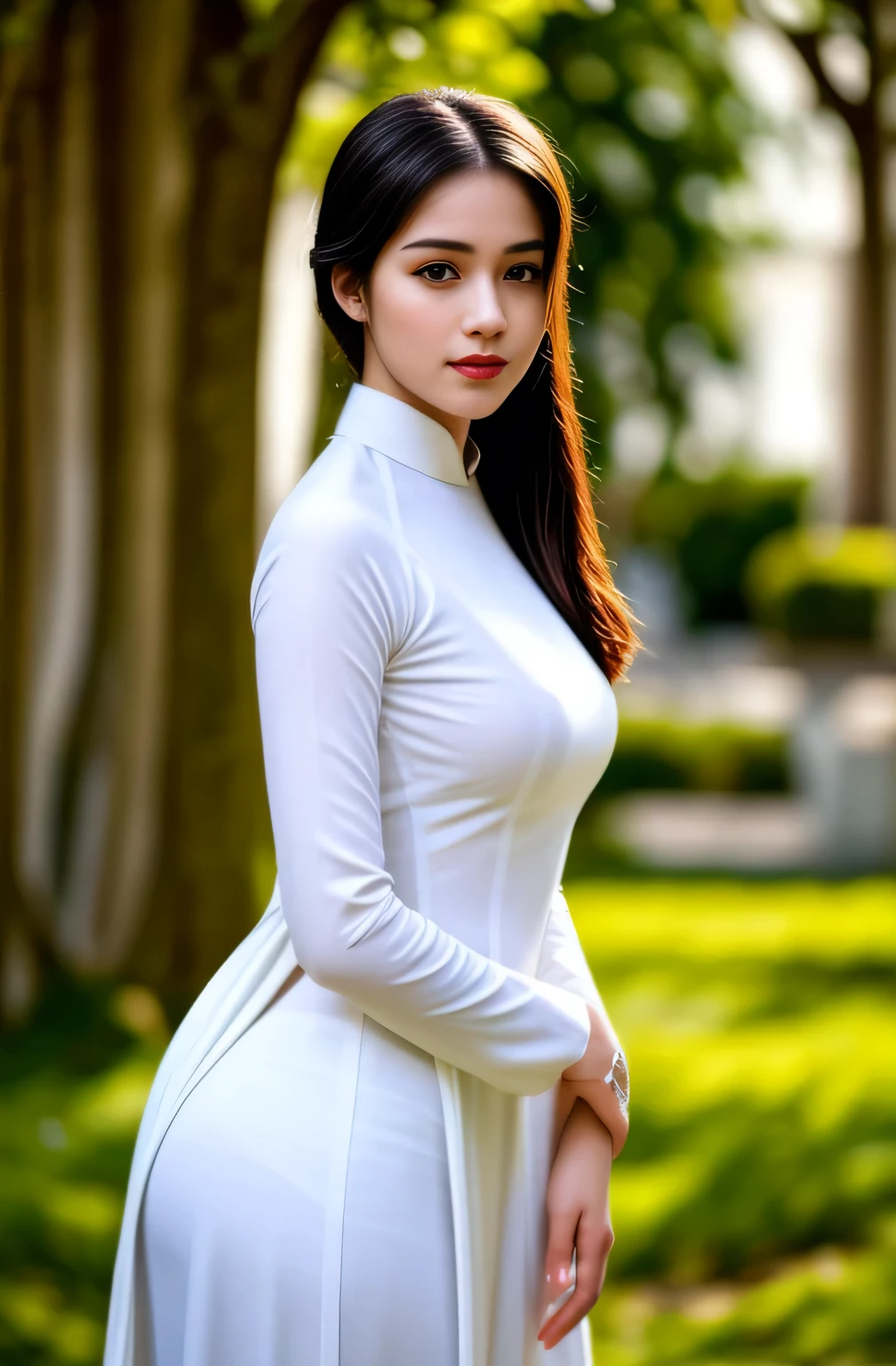 a young girl in a white traditional uniform, beautiful detailed eyes, beautiful detailed lips, extremely detailed face and features, long eyelashes, serious expression, hands at her sides, standing in a school , sunlight filtering through leaves, detailed foliage, (best quality,4k,8k,highres,masterpiece:1.2),ultra-detailed,(realistic,photorealistic,photo-realistic:1.37),detailed studio lighting,vibrant colors,intricate details,cinematic composition,elegant,traditional,serene