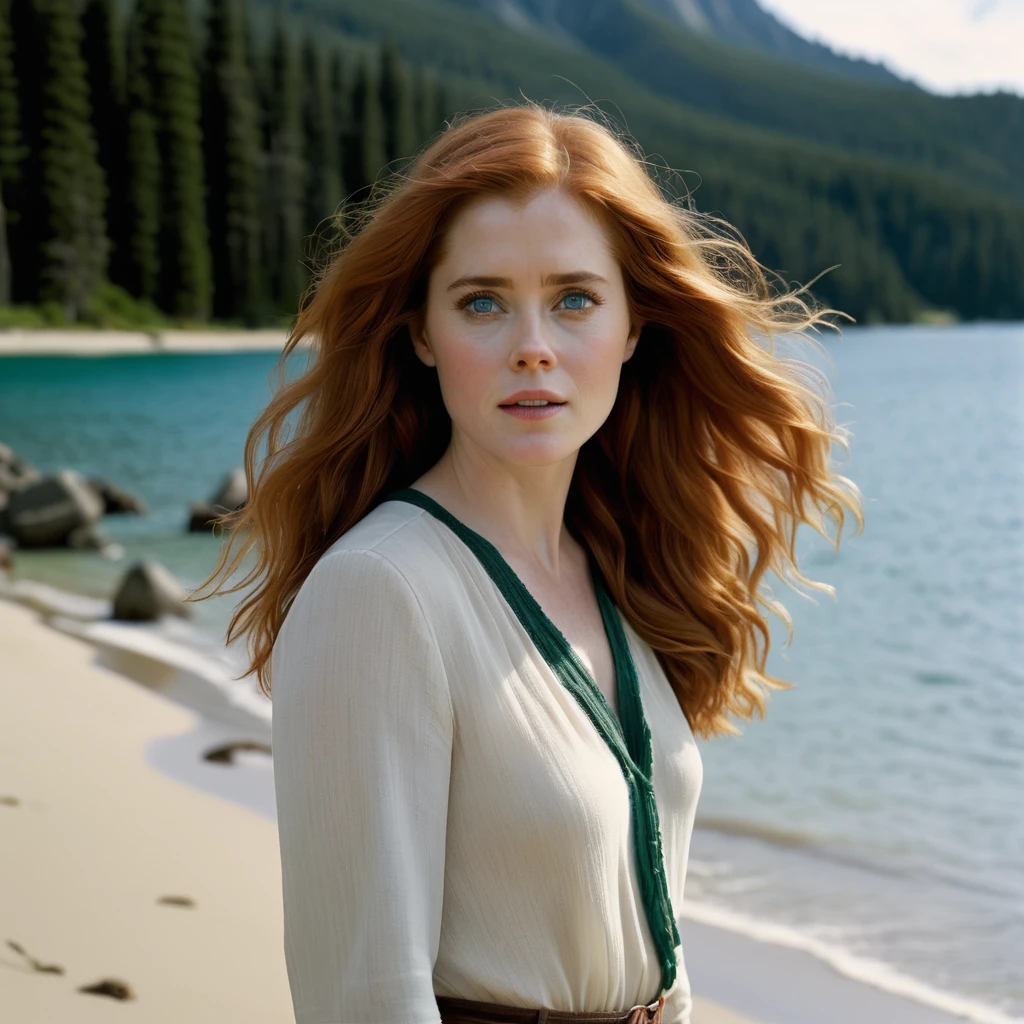 Amy Adams young 30 year old white pale skin, auburn hair, showing vagina red bushy pubic hair, ultra detailed, dramatic, atmospheric, Masterpiece cinematic, clarity, 16mm, color graded portra 400 film, remarkable color, hair follicles, subcutaneous veins, RAW 12K white grain, on beach island, nature, emerald lake