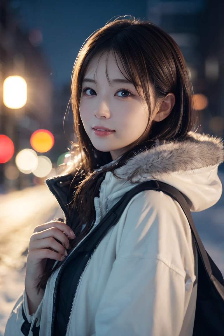 1 girl, (Wear a platinum coat:1.2), (RAW Photos, highest qualthaty), (Realistic, Realistic:1.4), Tabletop, Very delicate and beautiful, Very detailed, 2k wallpaper, wonderful, finely, Very detailed CG Unthaty 8K 壁紙, Very detailed, High resolution, Soft Light, Beautiful detailed girl, Very detailed目と顔, Beautiful and sophisticated nose, finelyて美しい目, Cinema Lighting, Illuminations that light up the cthaty on a snowy night, Snow Scene, that&#39;that&#39;it&#39;s snowing, Snow fell in my hair, Perfect Anatomy, Slender body, Was nervous, Straight semi-long hair, bangs, Looking at the audience, smile