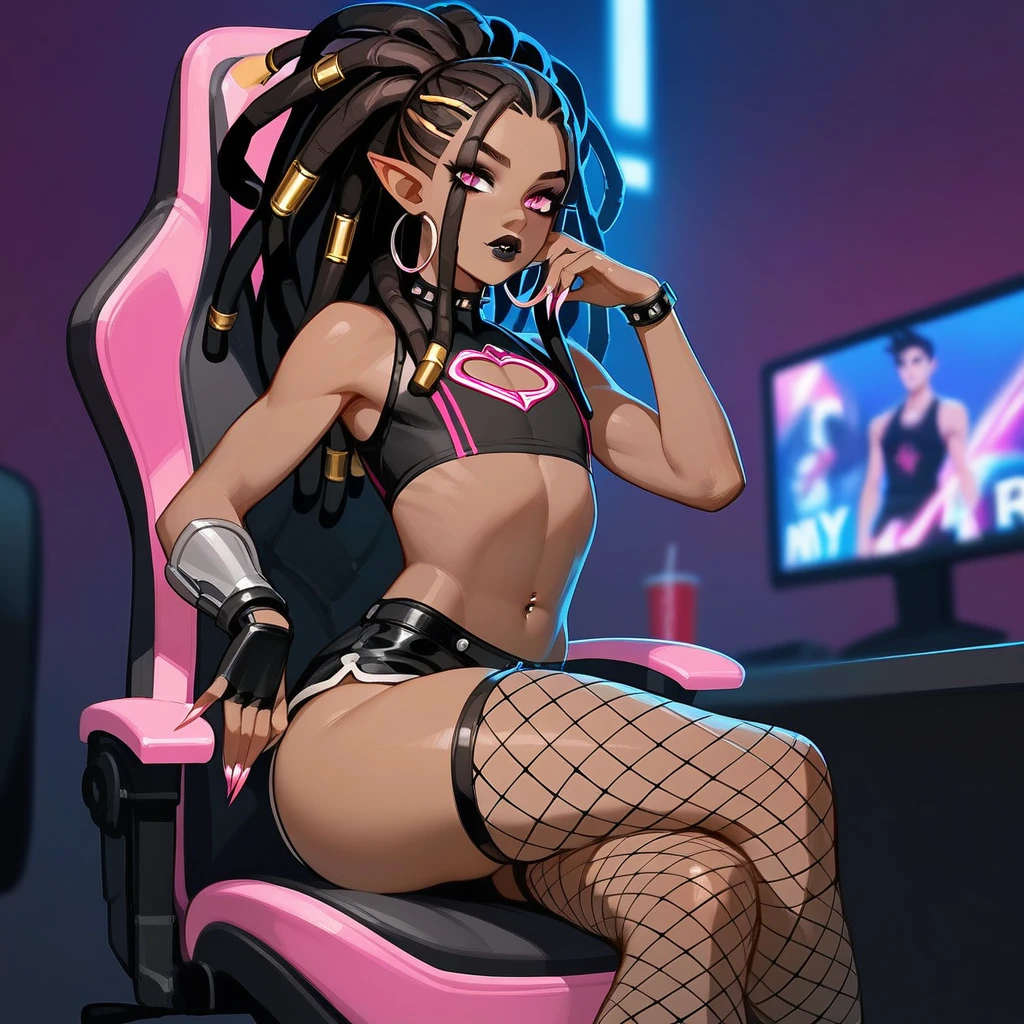 Best quality, highly detailed, ultra detailed, 1 brown skin boy, flat chest, male chest, slim curvy body, long pink dreadlocks, pink dreadlocks, pink eyes, vampire, pointy ears, sharp nails, black lipgloss, goth, black crop top, black shorts, fishnets, big butt, sitting in chair, jerking off his penis, showing butt to audience, gaming setup, with male bodyguards