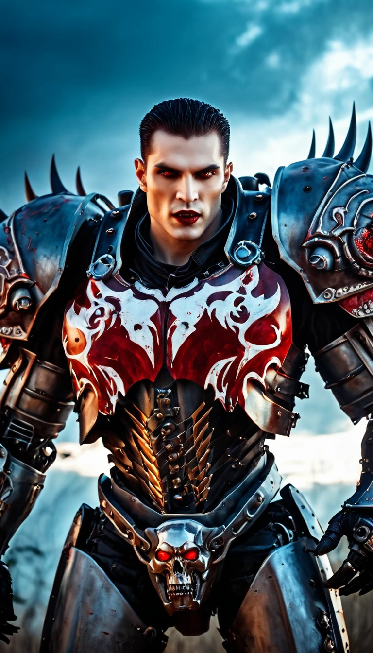 Close-up of a ((extremely handsome vampire warior)) , half human, half beast. Their eyes are filled with hapiness and longing. The background is a trail of blood and violence. He wears a mechanized robot armor, carved with animal elements, human skulls. The sky is filled with swirling, fiery clouds. The photo conveys a strong sense of the warrior's appearance, ((lifelike:1.2))