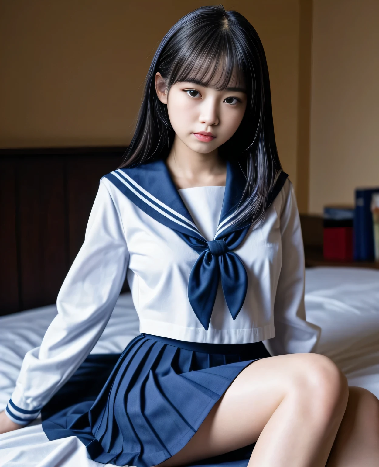 1girl, 18yo girl, sailor uniform, lying on bed, big breasts, skirt up, beautiful detailed eyes, beautiful detailed lips, extremely detailed face, long eyelashes, photo-realistic, 8k, highres, masterpiece, official art, cinematic lighting, dramatic, soft lighting, glowing skin, volumetric lighting, vibrant colors, hyper detailed