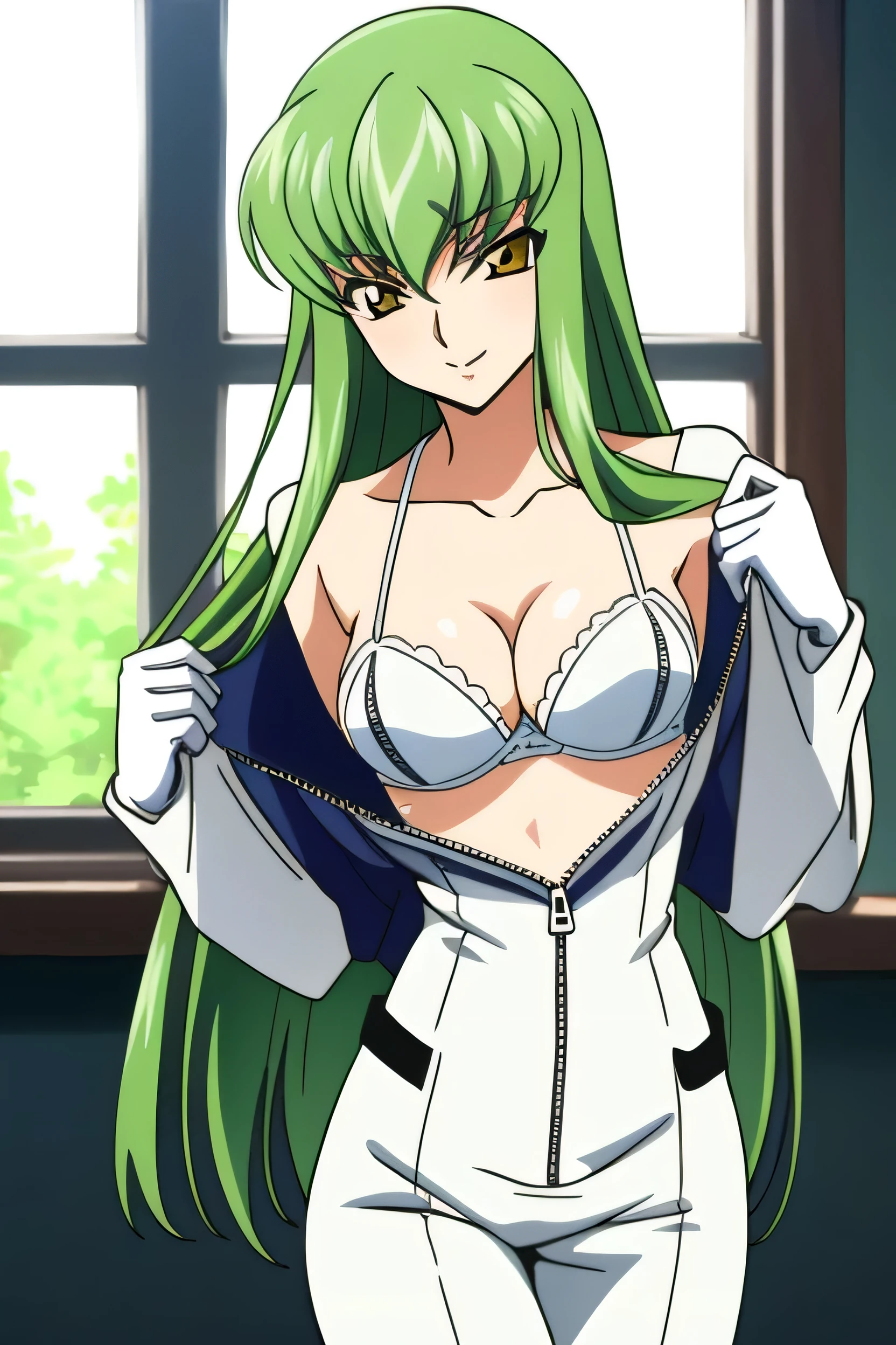 CC_Code Geass, Hair between the eyes, Green Hair, Very long hair, White suit, White gloves, Bedroom, window, Highest quality, masterpiece, smile, anime, Unzip、Undressing、clavicle、stare、Cleavage、Enchanting、White bra、Zipper Pull Tab、