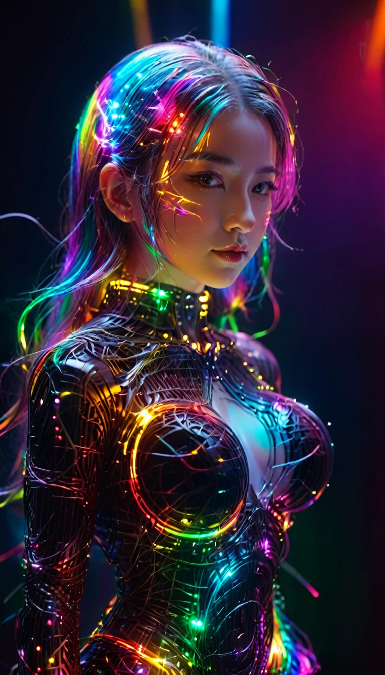 8K,RAW Photos,Highest quality,masterpiece,reality,Very detailed,Live Action,Very beautiful woman,Android,cyborg,cyber-,slim,Fusion of machines and organisms,((Very detailedな電子機器)),((Skin that clearly shows the internal electronics)),Very thin connecting wire,Wet body,Transparent Skin,translucent,Wet long hair,Advanced AI,neon,Rainbow Skin,Small glowing LED light,future,Glowing Skin,Particles of light,Large Breasts,Big eyes,Fantasy,movie,((whole body)),