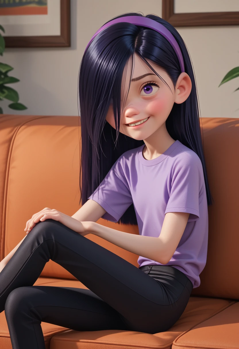 score_9, score_8_up, score_7_up, score_6_up, score_5_up, score_4_up, 1girl, VioletParr, purple headband, long black hair, hair covering one eye, sitting on a couch, barefoot, purple eyes, small smile, purple shirt, black pants, flat chest, skinny, feets, 