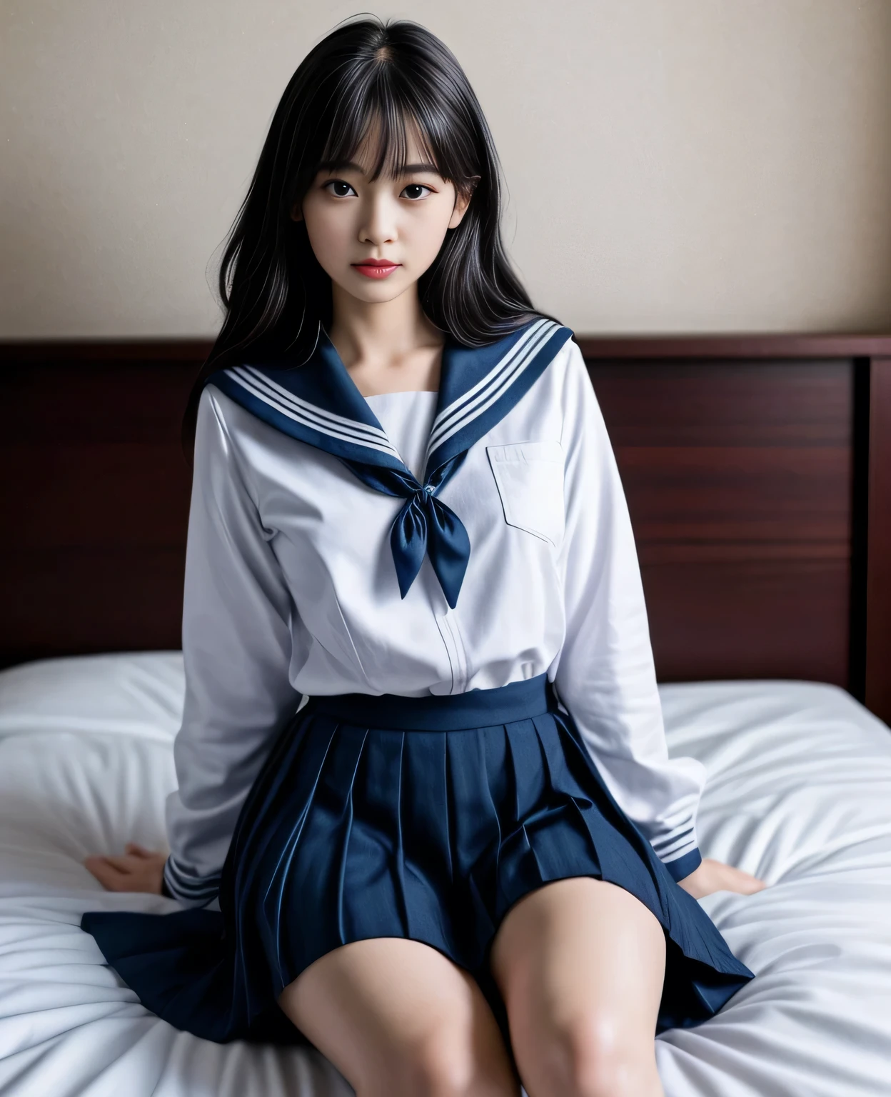 1girl, 18yo girl, sailor uniform, lying on bed, big breasts, skirt up, beautiful detailed eyes, beautiful detailed lips, extremely detailed face, long eyelashes, photo-realistic, 8k, highres, masterpiece, official art, cinematic lighting, dramatic, soft lighting, glowing skin, volumetric lighting, vibrant colors, hyper detailed