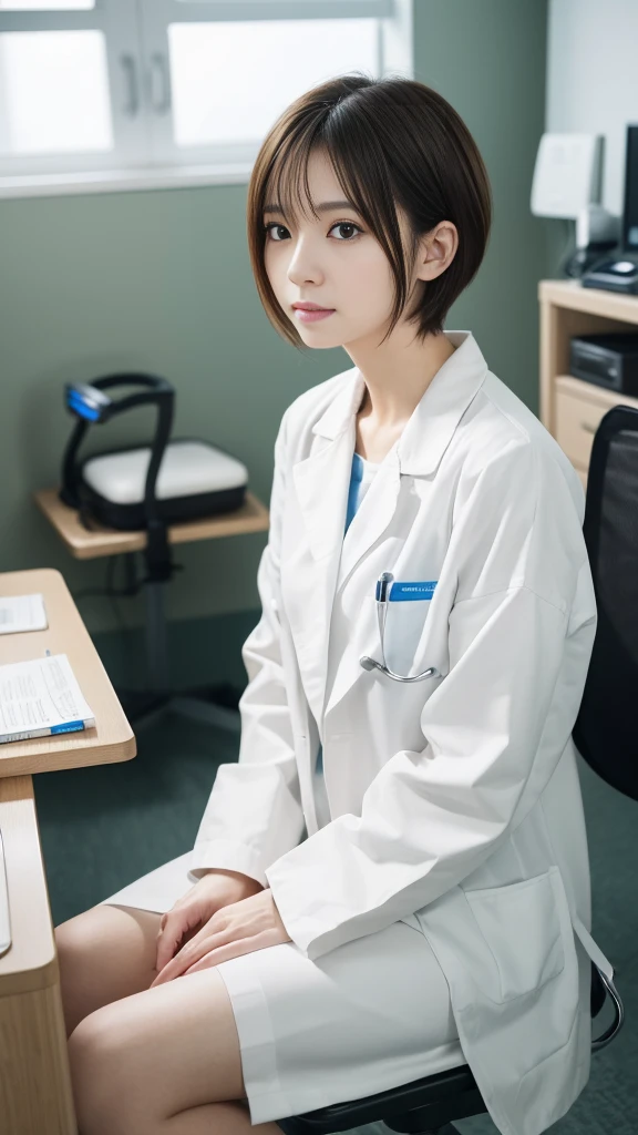 hospital、(masterpiece:1.3), (8k, Photorealistic, RAW Photos, Best image quality: 1.4), Japanese, (1 girl), Beautiful Face, (A vivid face), (short hair:1.3), Beautiful hairstyle, Realistic eyes, Beautiful Eyes, (Realistic Skin), Beautiful Skin, charm, Ultra-high resolution, Surreal, Attention to detail, Golden Ratio, Detail Makeup,Female doctor、Female doctor、Examination in the examination room、白いWhite、White、desk、Sit on a chair、deskにカルテ、I have a pen