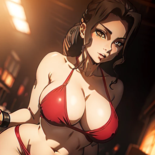 (obra de arte), melhor qualidade, Olhos expressivos, Rosto Perfeito, female Muzan from demon slayer in sexy bikini 30 year old women seductive body medium breasts medium thigs facing towards screen curvy body long hairs cicatriz no peito parted lips Lockhart feminine figure body in bikini, red beautiful Olhos expressivos , cicatriz no peito, 4k backlighting rosto sorridente corpo sexy completo