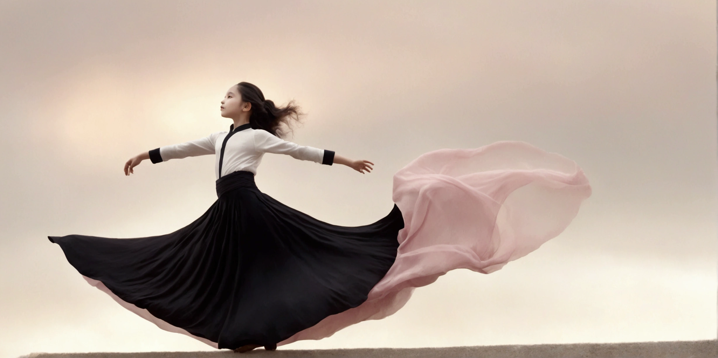 Exquisite dance photography；A little girl，Solitary；A dancing little girl，whole body像；[Black Eyeball，confidence，High and cold，happy]；[Long skirt elegant style，Long sleeve；Set，Light pink and white gradient，Traditional style，The skirt has no pattern，The hem of the long skirt is like petals covering the background,Petal pattern，The background is petals and skirt,]；[Chinese dance]，[[[whole body，Panorama 1.1]]]，Frontal portrait of the character；Composition：The character is on the right side of the frame；Long hair in the wind,advanced sense,Fashion, Still photography, Loop video, Fascinating movement, captivating visuals, Seamless integration, Compelling storytelling, Vortex phenomenon, Angled form, Dynamic Movement, Bold Geometric Shapes, Fragment shape, sharp contrast, Influence of modernism, nature, , modern Art, Astonishing, Unreal Background, Art from (Alessio Albi:1.1), Soft lighting, happy emotion，Extremely detailed；Art Photography；Blank Background；
