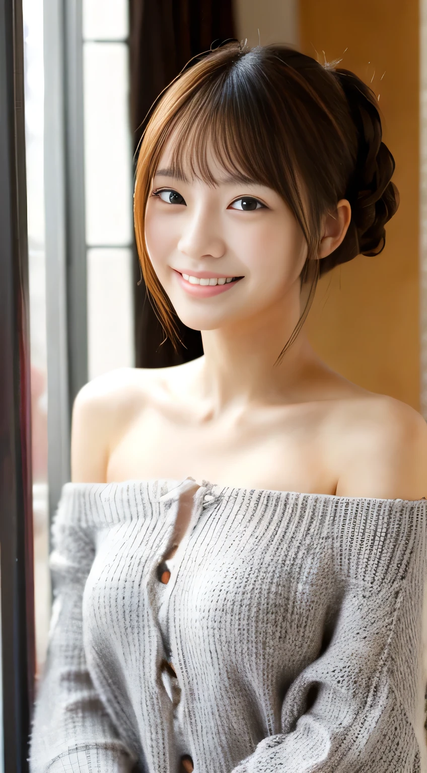 masterpiece,best quality,(Japanese girl),((Beautiful girl)),cleavage,(off shoulder:1.2),(perfect body beauty:1.2),(shy smile)