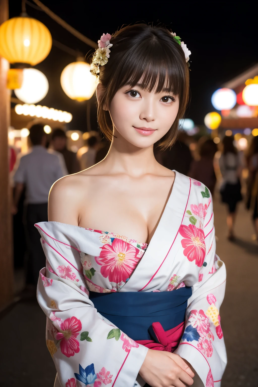 A very short yukata、20 year old Japanese girl、Highest quality、Full Body Shot、Ultra-high resolution、(reality:1.4)、Raw photo、(Girl in floral yukata:1.2)、Summer festival、night、stall、Large fireworks、short hair、8k、(Raw photo: 1.2)、(realism: 1.4)、(Exquisite details: 1.2)、Delicate and beautiful details、(Eye details)、(Facial details)、(Highest quality):1.4)、(Super Resolution: 1.2)、(High-definition illustrations)、Highest quality、Super Resolution、Natural Shadows、Random cute poses、Large Breasts、Five fingers、(日本のSummer festival:1.2)、(((Shoulder-baring big breasts:1,5)))、Moist sweat in the cleavage、(((Shiny skin)))、Beautiful fireworks in the background、Full body portrait、Riverbank