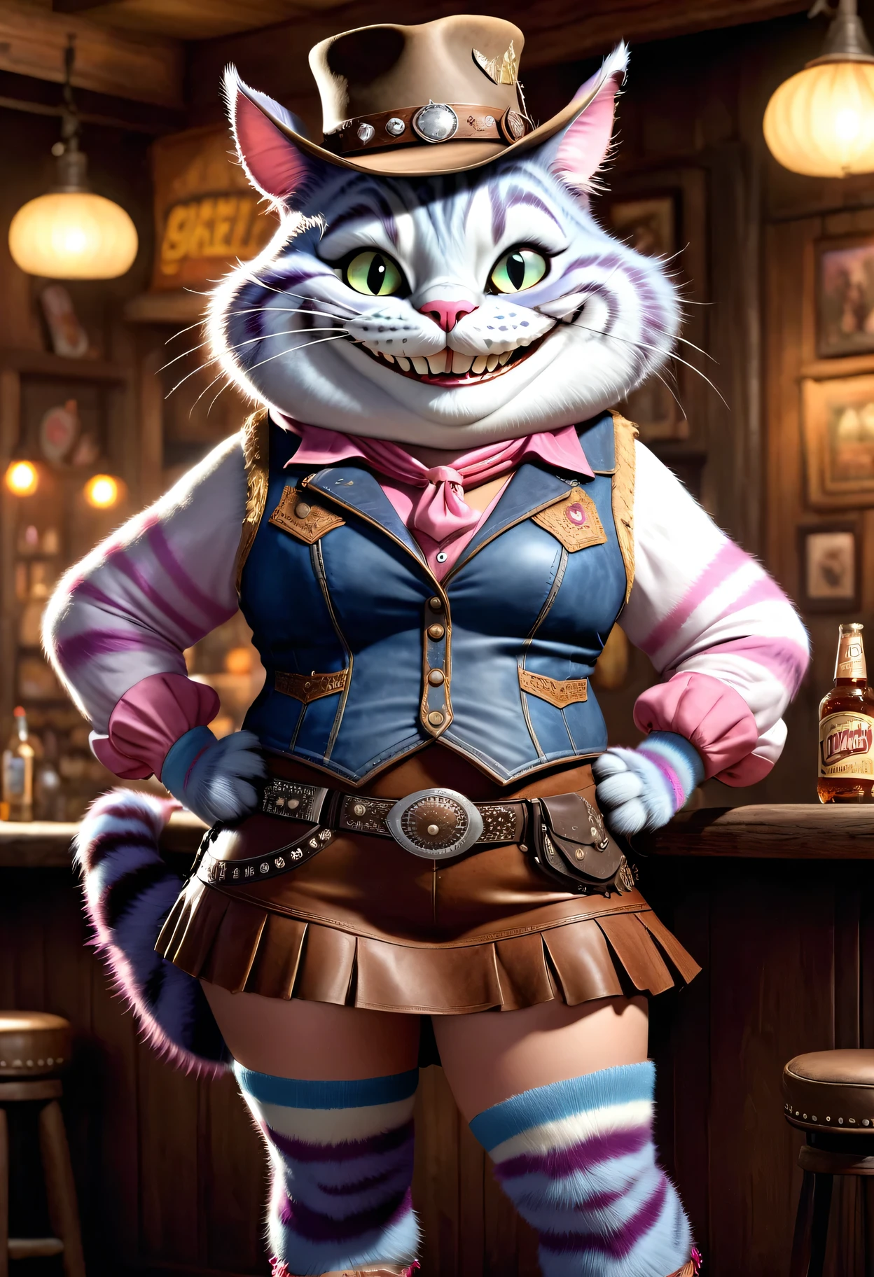 photorealistic portrait of Dressed animals - a ((fat)) (Cheshire cat) cowgirl, (furry),(full body image:2.0),(elegant pose:1.5) Wearing cowboy clothes and hat,(wearing leather short skirt and vest),(hands on hips:1.5),(happy),(smile:1.5), Old-fashioned cowboy hat, in western movie bar background, , western style bar background,(looking at viewer:1.5),score_9, score_8_up, score_7_up, score_6_up, score_5_up, score_4_up,