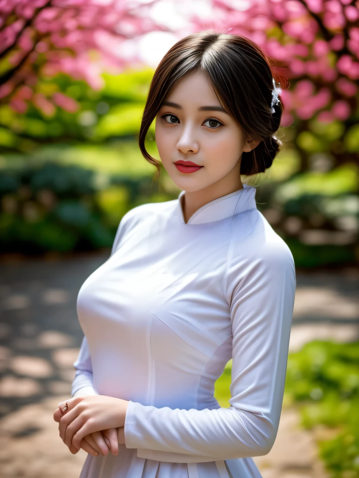 a young girl in a white traditional uniform, at the school ,beautiful detailed eyes, beautiful detailed lips, extremely detailed face and features, long eyelashes, serious expression, hands at her sides, standing in a traditional Japanese garden, sakura trees in bloom, sunlight filtering through leaves, detailed foliage, (best quality,4k,8k,highres,masterpiece:1.2),ultra-detailed,(realistic,photorealistic,photo-realistic:1.37),detailed studio lighting,vibrant colors,intricate details,cinematic composition,elegant,traditional,serene