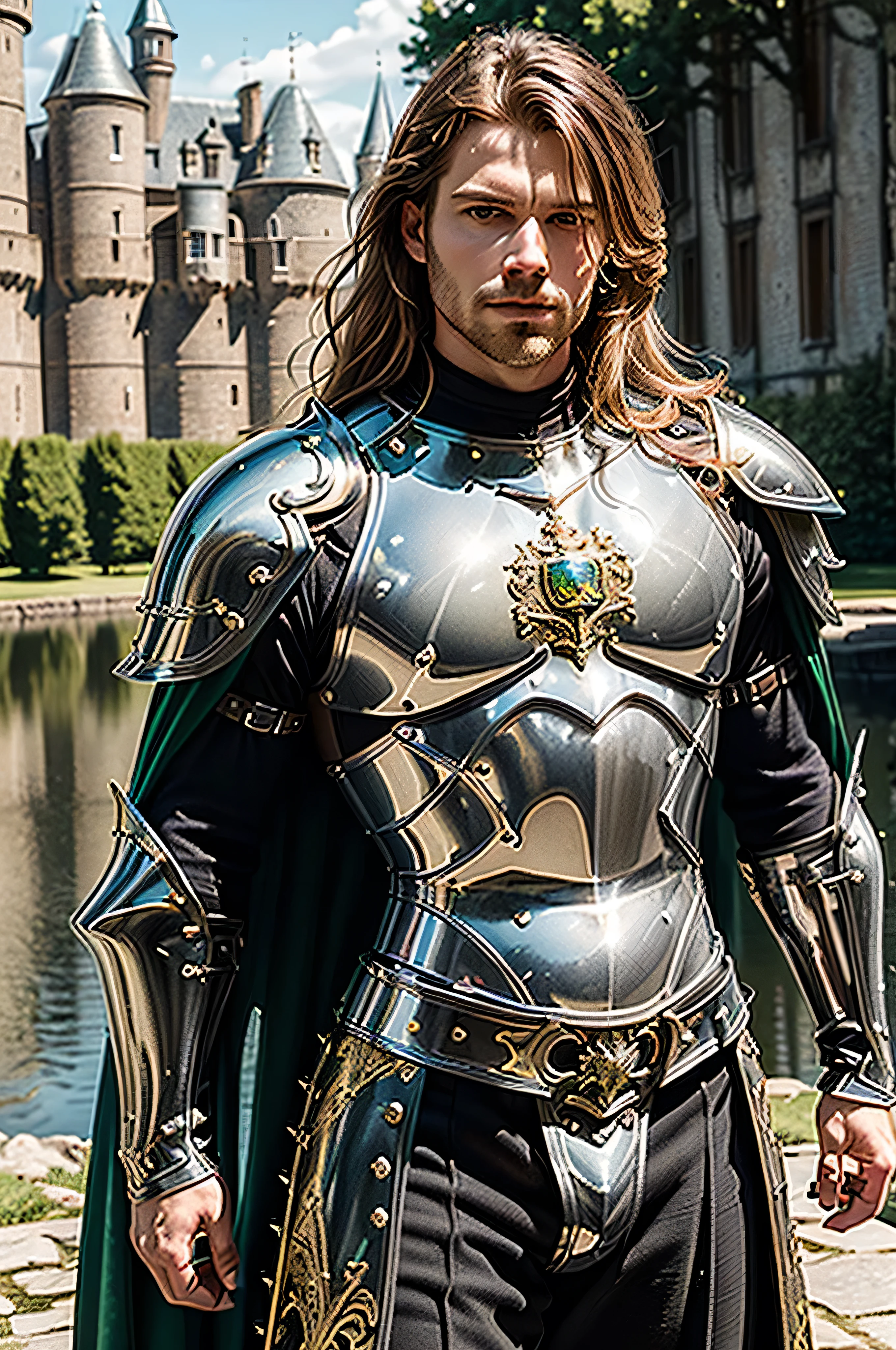 (masterpiece, photorealistic:1.4, extremely intricate:1.3), (photon mapping, radiosity, physically based rendering, ultra resolution, hyper-realistic, photorealistic:1.4, hyper-realistic, 8K), muscular man, ((black chrome late renaissance armor:1.4, chrome rivets (torso photograph), breastplate, green cloak), showing off his bulge, water reflections, gold etching, outdoors, medieval battlefield, sunrise, far away castle, (moat, ([bright ginger hair:dark hair:0.6]), dynamic pose), sharp focus, dramatic, award winning, (film grain, bokeh, interaction)