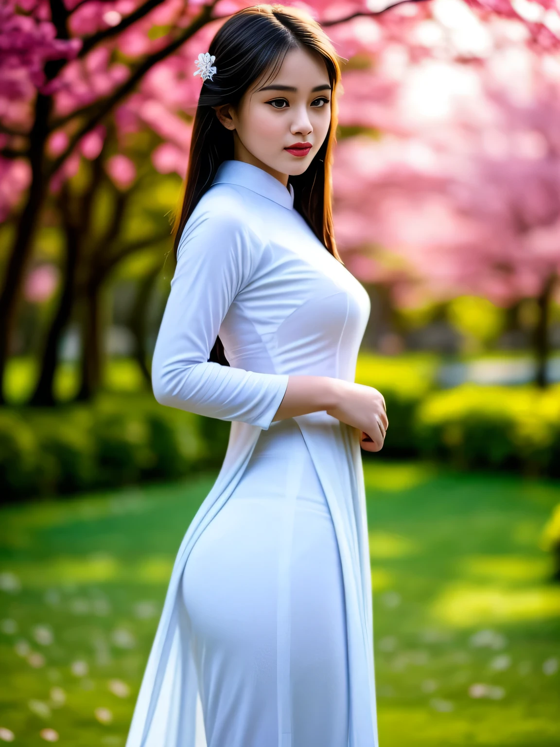 a young girl in a white traditional uniform, at the school ,beautiful detailed eyes, beautiful detailed lips, extremely detailed face and features, long eyelashes, serious expression, hands at her sides, standing in a traditional Japanese garden, sakura trees in bloom, sunlight filtering through leaves, detailed foliage, (best quality,4k,8k,highres,masterpiece:1.2),ultra-detailed,(realistic,photorealistic,photo-realistic:1.37),detailed studio lighting,vibrant colors,intricate details,cinematic composition,elegant,traditional,serene