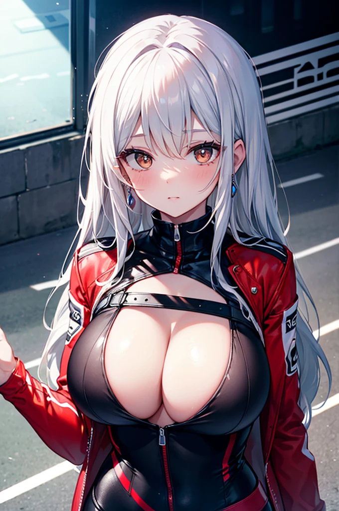masterpiece，8k，A woman with big ，Cool woman，Silver long hair，Gorgeous jewelry，Cleavage，Brighter light，((racer))，Leather，red cheeks，