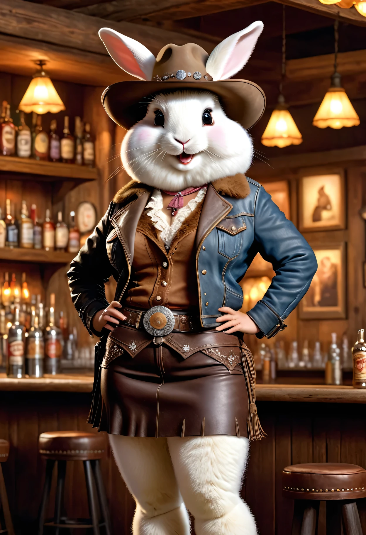 photorealistic portrait of Dressed animals - a ((fat)) (angora rabbit) cowgirl, (furry),(full body image:2.0),(elegant pose:1.5) Wearing cowboy clothes and hat,(wearing leather short skirt and jacket),(hands on hips:1.5),(happy),(smile:1.5), Old-fashioned cowboy hat, in western movie bar background, , western style bar background,(looking at viewer:1.5),score_9, score_8_up, score_7_up, score_6_up, score_5_up, score_4_up,