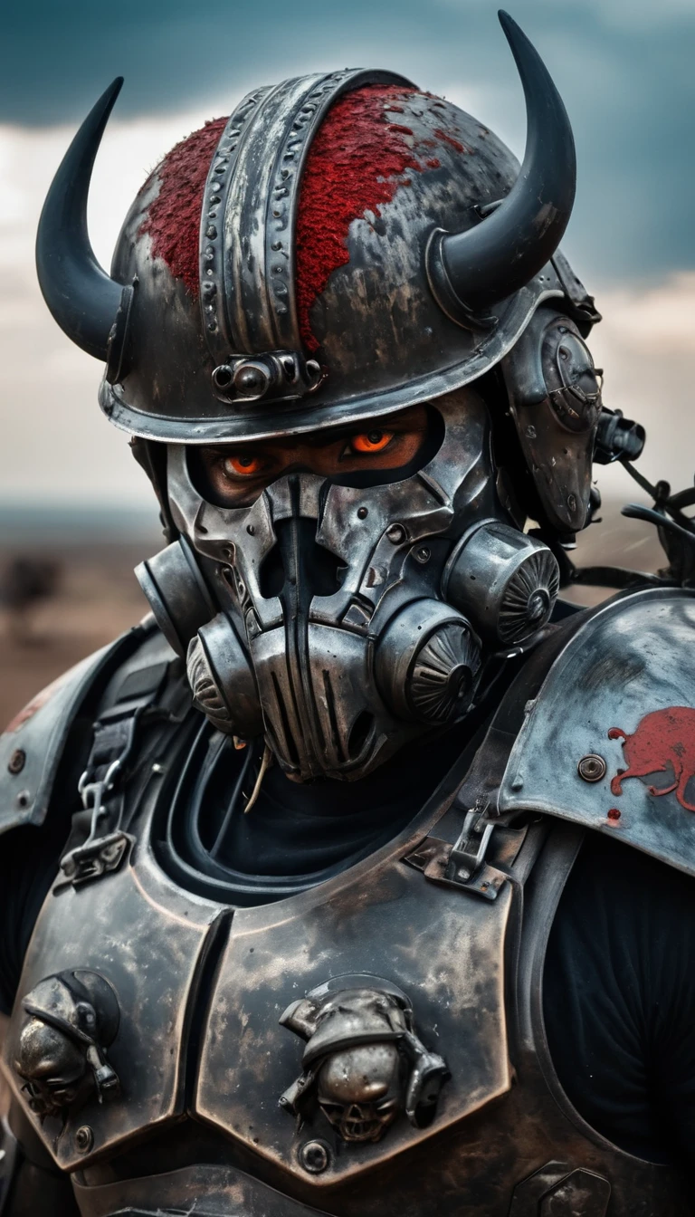 Close-up of a ((buffalo warior)) , half human, half beast, their faces partially obscured by military helmets. Their eyes are filled with sadness and longing. The background is a trail of blood and violence. He wears a mechanized robot armor, carved with animal elements, human skulls. The sky is filled with swirling, fiery clouds. The photo conveys a strong sense of the warrior's appearance.