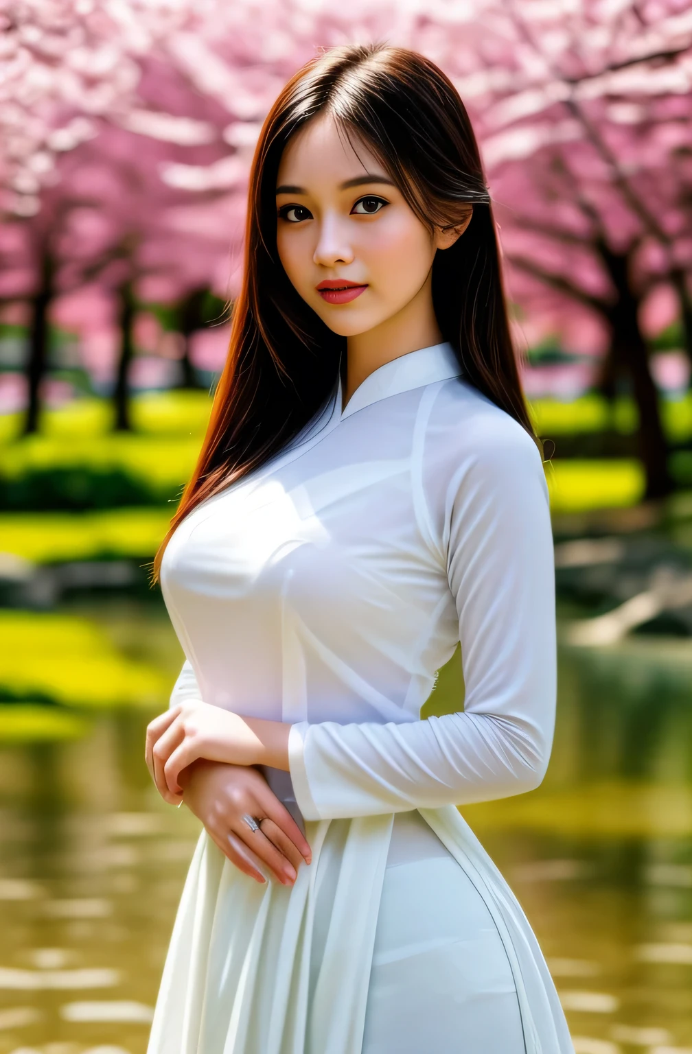 a young girl in a white traditional uniform, beautiful detailed eyes, beautiful detailed lips, extremely detailed face and features, long eyelashes, serious expression, hands at her sides, standing in a traditional Japanese garden, sakura trees in bloom, sunlight filtering through leaves, detailed foliage, (best quality,4k,8k,highres,masterpiece:1.2),ultra-detailed,(realistic,photorealistic,photo-realistic:1.37),detailed studio lighting,vibrant colors,intricate details,cinematic composition,elegant,traditional,serene