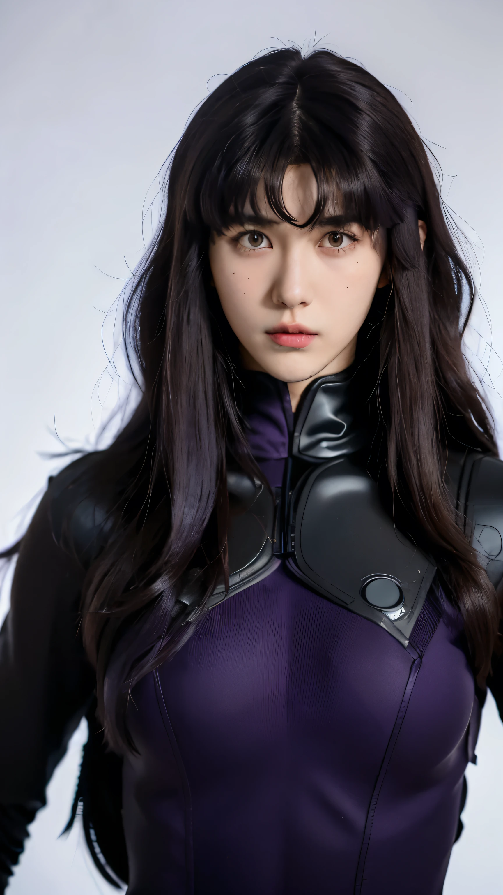 misato katsuragi, long hair, (brown eyes:1.5), (purple hair:1.2), (parted bangs:1.5), sidelocks, tall, milf,(mature female:1.2), (30 years old、very cute super model:1.2), shot on leica, full body, natural proportions, (accurate anatomy body: 1.5), Curvy physique, Thick body, details, masterpiece, best quality, 8k, detailed skin texture, detailed cloth texture, beautiful detailed face, ultra detailed, looking_at_viewer, Best quality, masterpiece, ultra high res, (photorealistic:1.4), raw photo, solo, japanese girl, in the dark, deep shadow, low key, cold light, attire: Plugsuit, Bodysuit