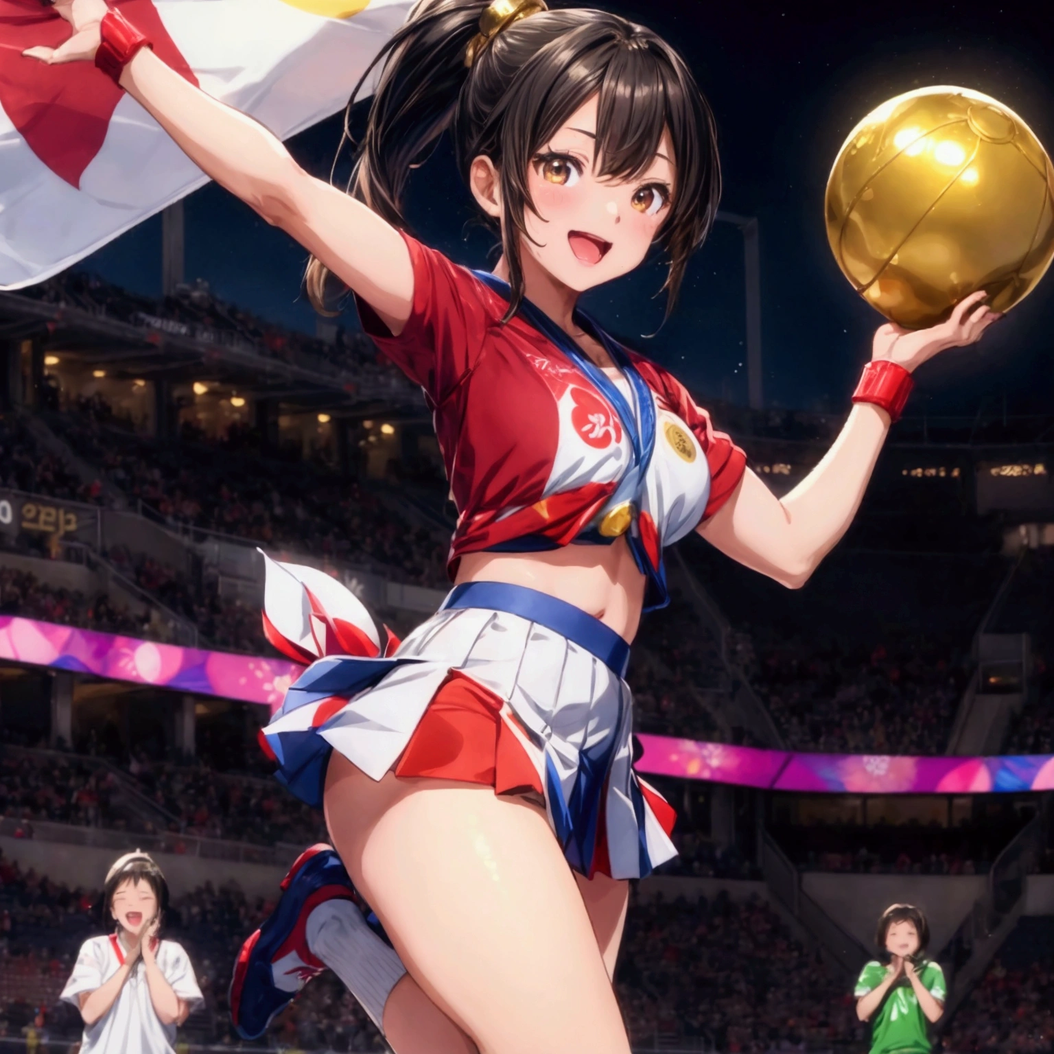 NSFW, sexy, erotic, a cheerful cheerleader standing on one leg, energetically cheering for the Japanese team during the opening ceremony of the Olympic Games. She holds two large golden spheres in her hands, and her outfit features extensive gold accents to symbolize aiming for the gold medal. The cheerleader's outfit includes a pleated skirt and a top with vibrant colors, adorned with a Japanese flag emblem on her chest. Her hair is styled in a playful ponytail. She strikes a lively pose with one leg lifted high, exuding joy and enthusiasm. The background shows a grand stadium filled with an audience, festive lights, and the celebratory atmosphere of the Olympic opening ceremony. The image is highly detailed and realistic with a vibrant anime touch, emphasizing the character's spirited and jubilant expression. The resolution and quality are maximized, with rich, delicate detailing. --sharp focus, --dramatic lighting, --realistic anatomy, --high_quality, --ultra_detail, --intricate_design, --extremely_detailed, -- hyper_realistic, --realistic, --sexy, --erotic