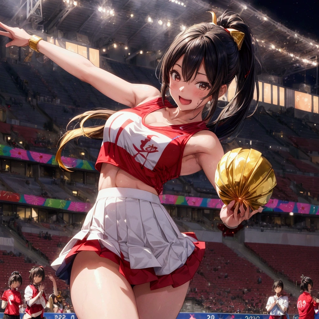 NSFW, sexy, erotic, a cheerful cheerleader standing on one leg, energetically cheering for the Japanese team during the opening ceremony of the Olympic Games. She holds two large golden spheres in her hands, and her outfit features extensive gold accents to symbolize aiming for the gold medal. The cheerleader's outfit includes a pleated skirt and a top with vibrant colors, adorned with a Japanese flag emblem on her chest. Her hair is styled in a playful ponytail. She strikes a lively pose with one leg lifted high, exuding joy and enthusiasm. The background shows a grand stadium filled with an audience, festive lights, and the celebratory atmosphere of the Olympic opening ceremony. The image is highly detailed and realistic with a vibrant anime touch, emphasizing the character's spirited and jubilant expression. The resolution and quality are maximized, with rich, delicate detailing. --sharp focus, --dramatic lighting, --realistic anatomy, --high_quality, --ultra_detail, --intricate_design, --extremely_detailed, -- hyper_realistic, --realistic, --sexy, --erotic