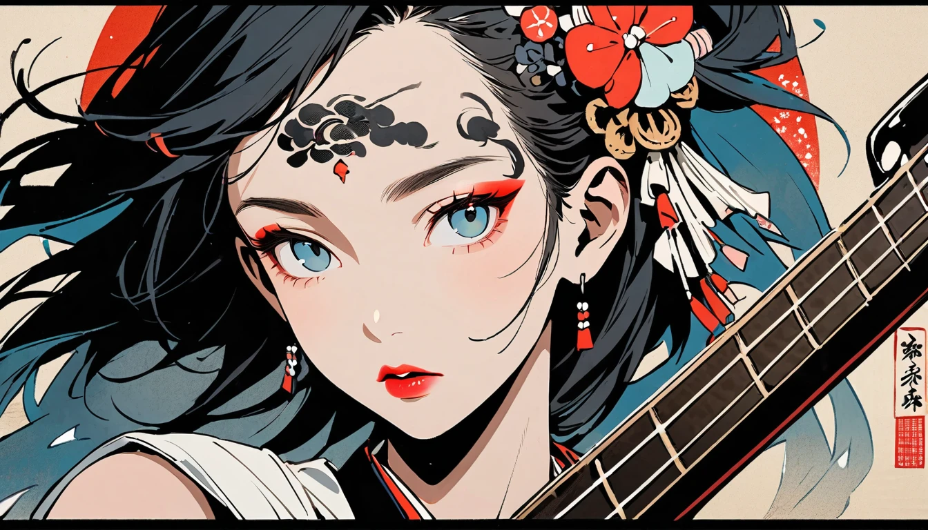 (((Ink Painting))), Fashion portrait color photos, (((1 girl))), (((Playing electric bass))), (((Tattoo in the center of the forehead))), (((Very flashy hair accessories))), (((Very flashy makeup))), Japanese style headphones, front view, Japan人の美少女, Black Hair, Delicate and precise, Modern ukiyo-e style,Japan, Droopy eyes, round face, Fuller lips, vivid color