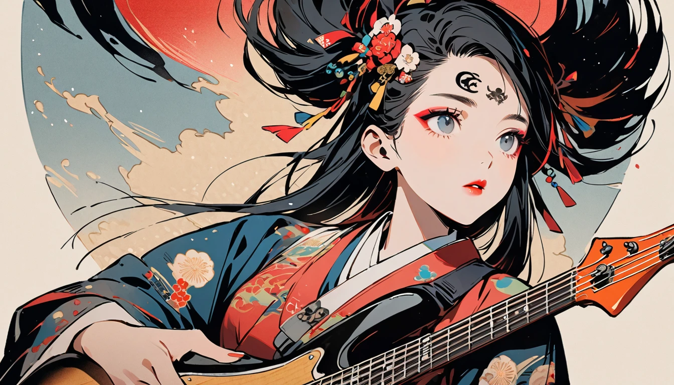 (((Ink Painting))), Fashion portrait color photos, (((1 girl))), (((Playing electric bass))), (((Tattoo in the center of the forehead))), (((Very flashy hair accessories))), (((Very flashy makeup))), Japanese style headphones, front view, Japan人の美少女, Black Hair, Delicate and precise, Modern ukiyo-e style,Japan, Droopy eyes, round face, Fuller lips, vivid color