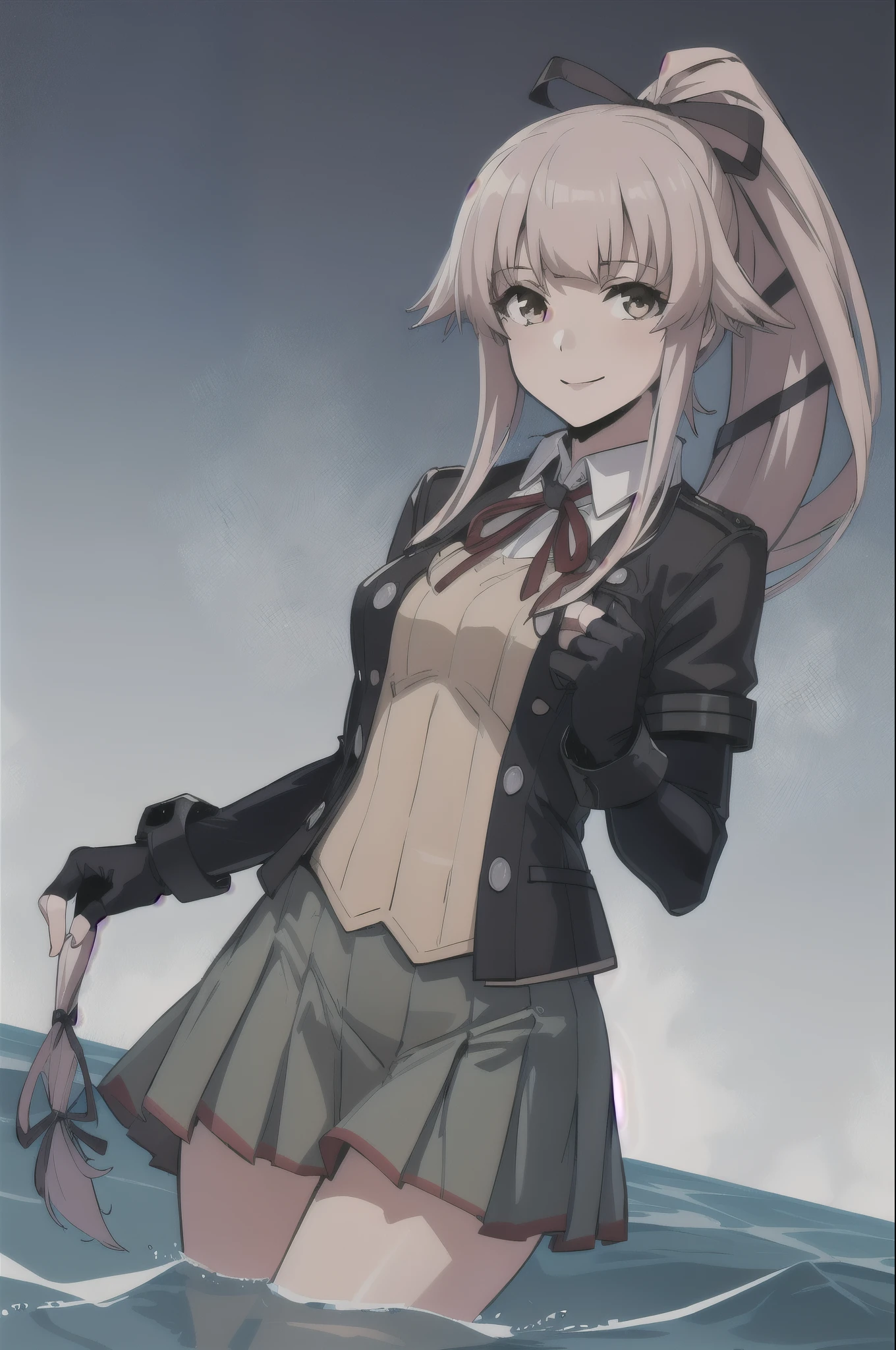 (masterpiece, Highest quality:1.2), alone, One girl, Yuradev, smile, View your viewers, Water Play, ponytail, Hair Ribbon, , Jacket, Seraphim, Neck ribbon, Black gloves, Partially fingerless gloves, Grey Skirt 